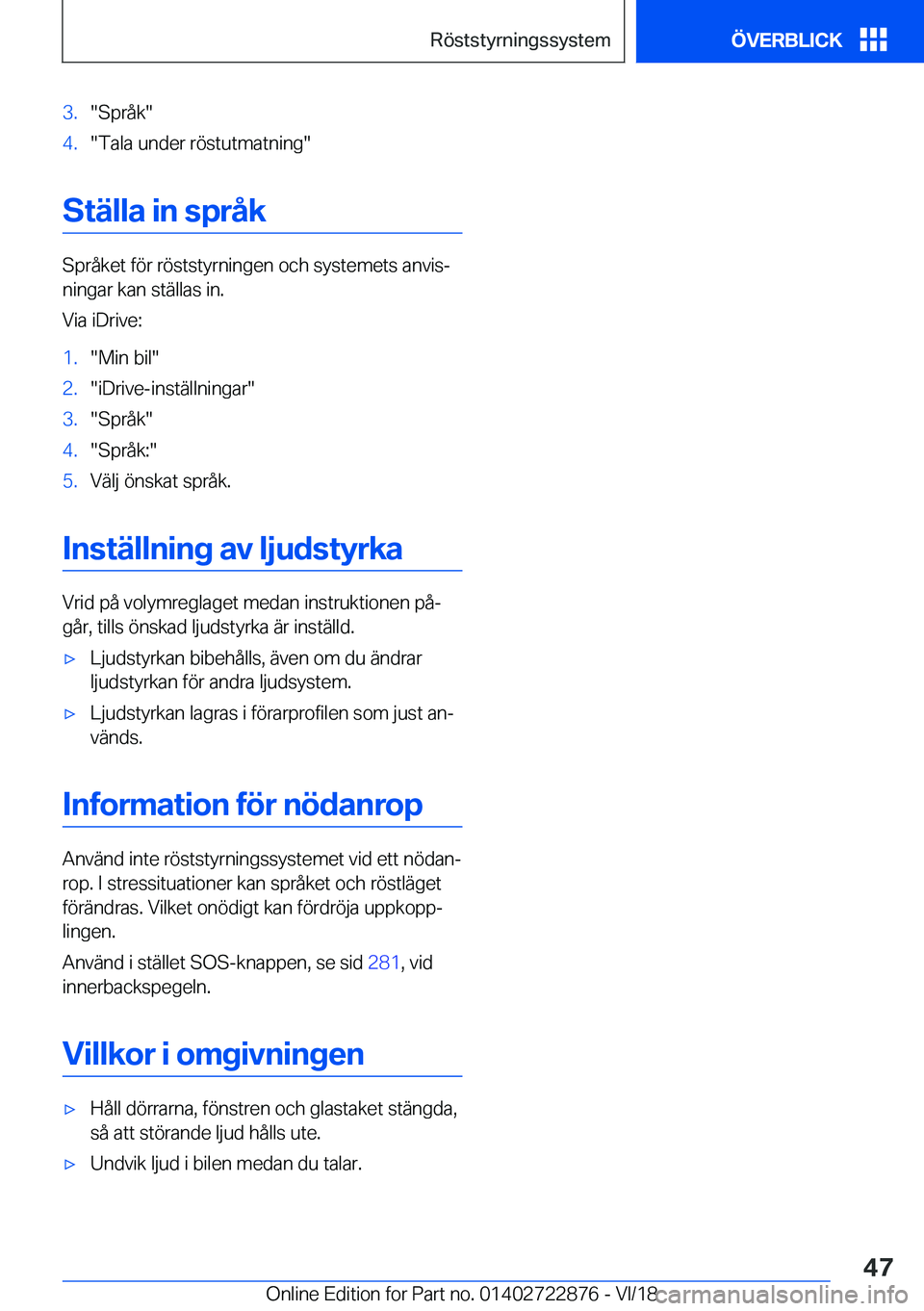 BMW X6 M 2019  InstruktionsbÖcker (in Swedish) �3�.��S�p�r�å�k��4�.��T�a�l�a��u�n�d�e�r��r�