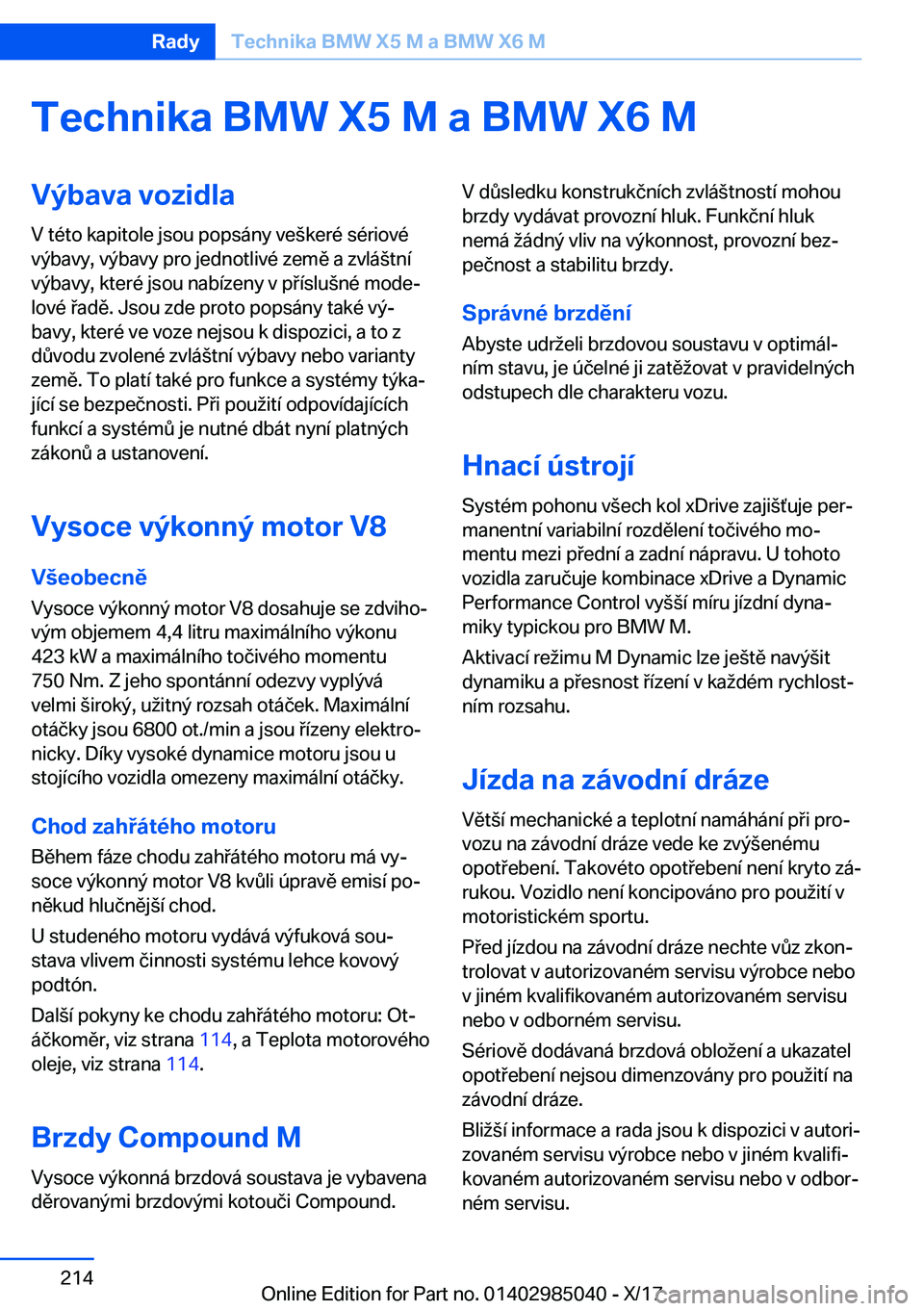 BMW X6 M 2018  Návod na použití (in Czech) �T�e�c�h�n�i�k�a��B�M�W��X�5��M��a��B�M�W��X�6��M�V�