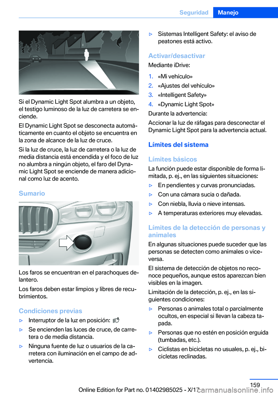 BMW X6 M 2018  Manuales de Empleo (in Spanish) �S�i� �e�l� �D�y�n�a�m�i�c� �L�i�g�h�t� �S�p�o�t� �a�l�u�m�b�r�a� �a� �u�n� �o�b�j�e�t�o�,
�e�l� �t�e�s�t�i�g�o� �l�u�m�i�n�o�s�o� �d�e� �l�a� �l�u�z� �d�e� �c�a�r�r�e�t�e�r�a� �s�e� �e�nª
�c�i�e�n�