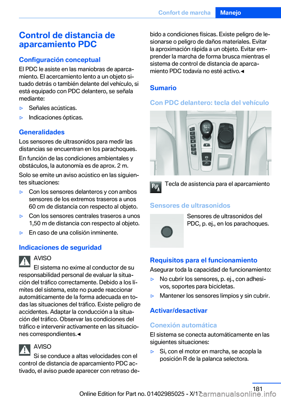 BMW X6 M 2018  Manuales de Empleo (in Spanish) �C�o�n�t�r�o�l��d�e��d�i�s�t�a�n�c�i�a��d�e
�a�p�a�r�c�a�m�i�e�n�t�o��P�D�C
�C�o�n�f�i�g�u�r�a�c�i�
