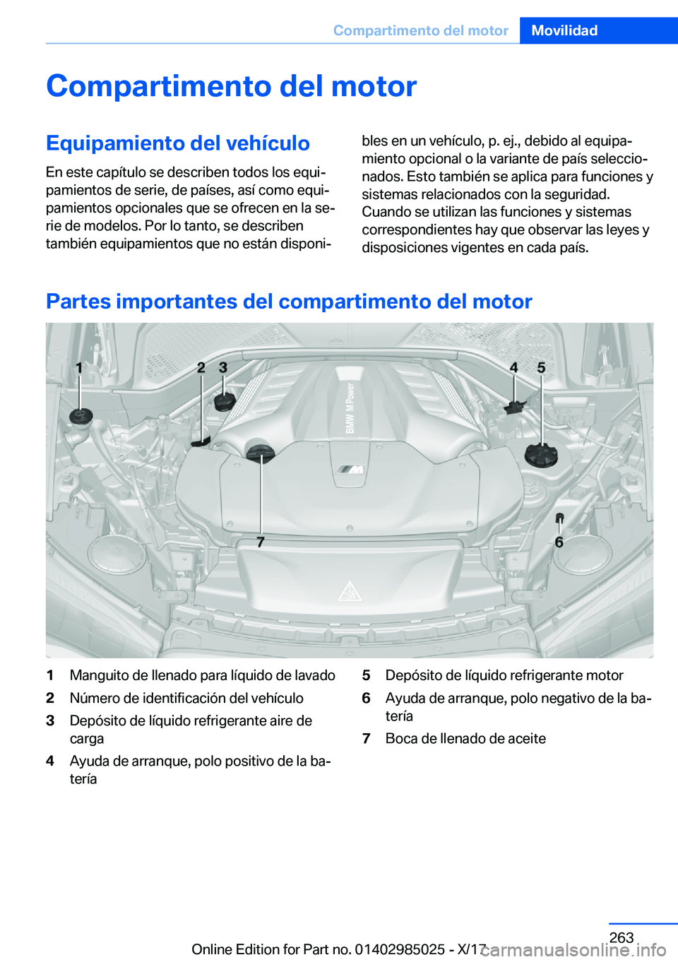 BMW X6 M 2018  Manuales de Empleo (in Spanish) �C�o�m�p�a�r�t�i�m�e�n�t�o��d�e�l��m�o�t�o�r�E�q�u�i�p�a�m�i�e�n�t�o��d�e�l��v�e�h�