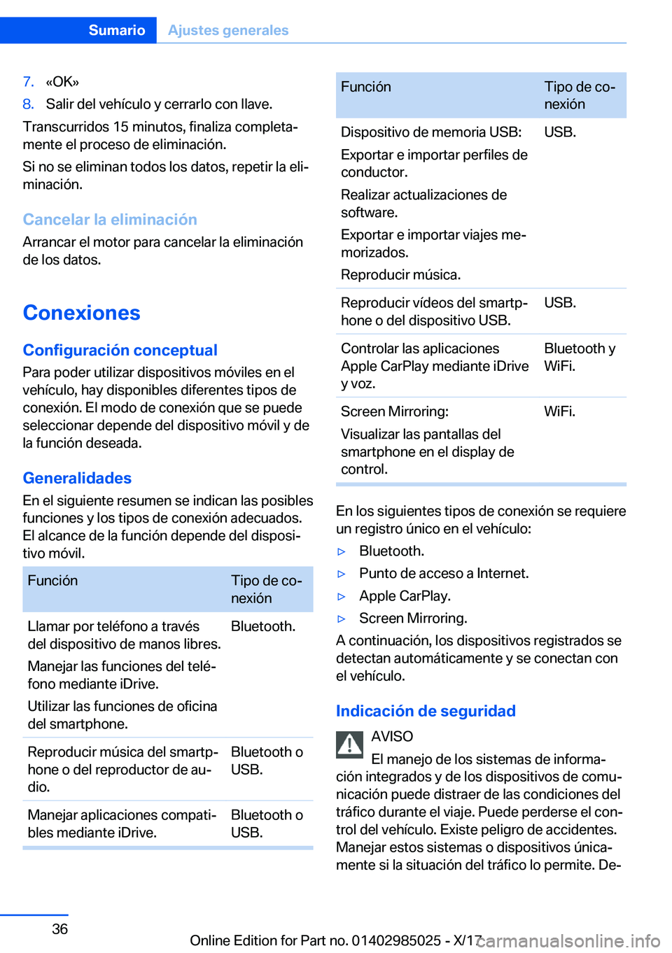 BMW X6 M 2018  Manuales de Empleo (in Spanish) �7�.�«�O�K�{�8�.�S�a�l�i�r� �d�e�l� �v�e�h�