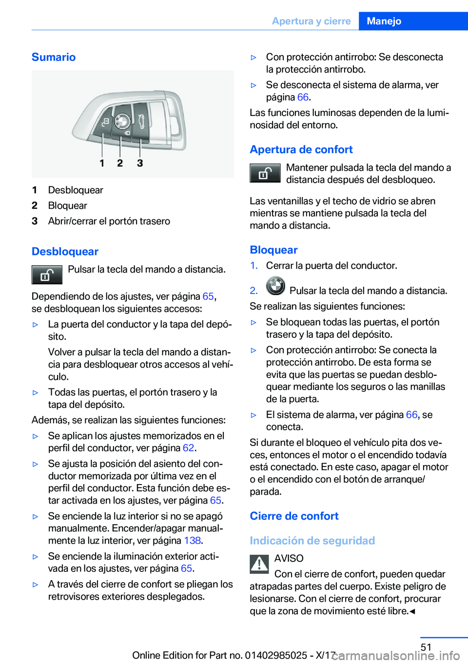 BMW X6 M 2018  Manuales de Empleo (in Spanish) �S�u�m�a�r�i�o�1�D�e�s�b�l�o�q�u�e�a�r�2�B�l�o�q�u�e�a�r�3�A�b�r�i�r�/�c�e�r�r�a�r� �e�l� �p�o�r�t�