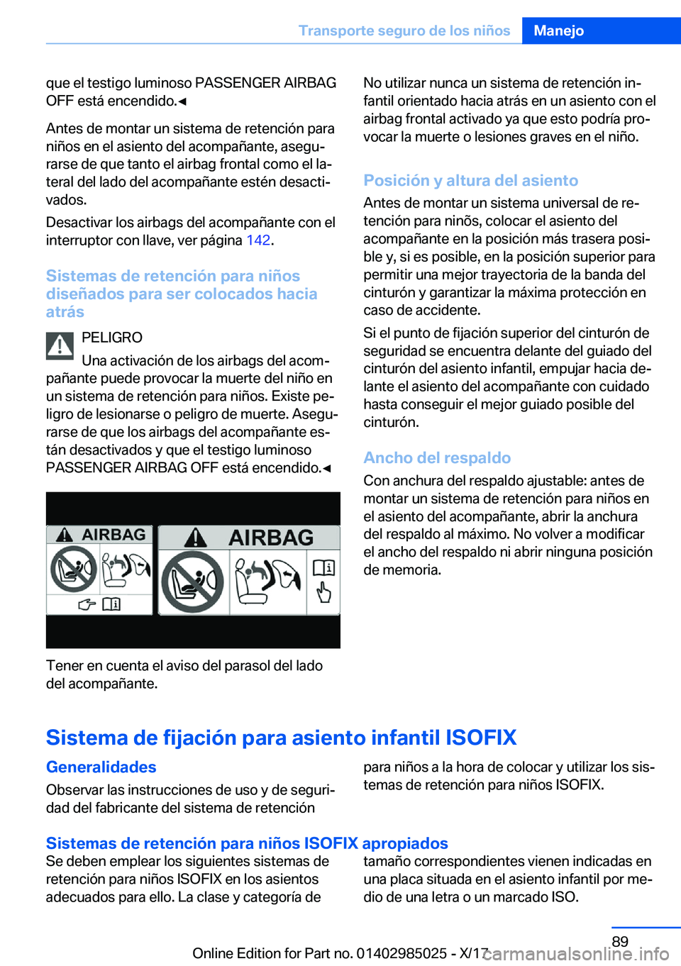 BMW X6 M 2018  Manuales de Empleo (in Spanish) �q�u�e� �e�l� �t�e�s�t�i�g�o� �l�u�m�i�n�o�s�o� �P�A�S�S�E�N�G�E�R� �A�I�R�B�A�G�O�F�F� �e�s�t�