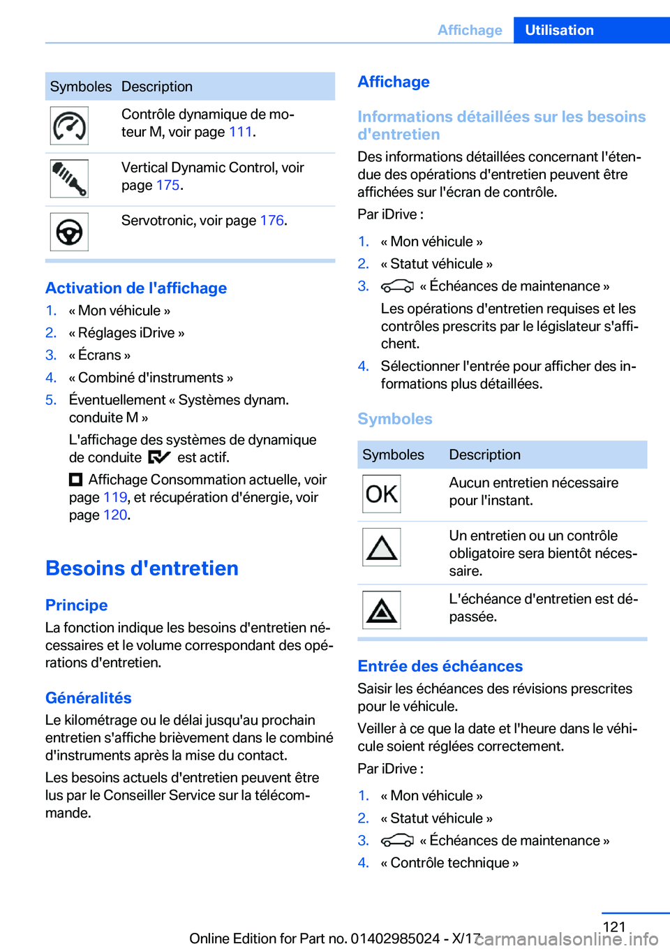 BMW X6 M 2018  Notices Demploi (in French) �S�y�m�b�o�l�e�s�D�e�s�c�r�i�p�t�i�o�n�C�o�n�t�r�