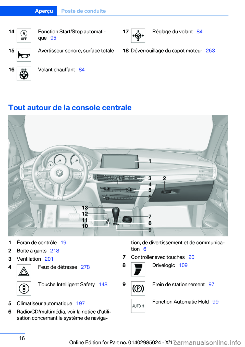 BMW X6 M 2018  Notices Demploi (in French) �1�4�F�o�n�c�t�i�o�n� �S�t�a�r�t�/�S�t�o�p� �a�u�t�o�m�a�t�ij
�q�u�e\_ �9�5�1�5�A�v�e�r�t�i�s�s�e�u�r� �s�o�n�o�r�e�,� �s�u�r�f�a�c�e� �t�o�t�a�l�e�1�6�V�o�l�a�n�t� �c�h�a�u�f�f�a�n�t\_ �8�4�1�7�