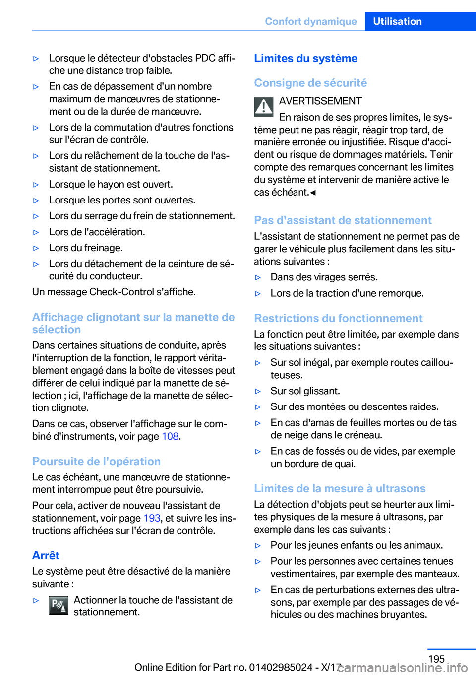 BMW X6 M 2018  Notices Demploi (in French) 'y�L�o�r�s�q�u�e� �l�e� �d�é�t�e�c�t�e�u�r� �d�'�o�b�s�t�a�c�l�e�s� �P�D�C� �a�f�f�ij�c�h�e� �u�n�e� �d�i�s�t�a�n�c�e� �t�r�o�p� �f�a�i�b�l�e�.'y�E�n� �c�a�s� �d�e� �d�é�p�a�s�s�e�m�e�n