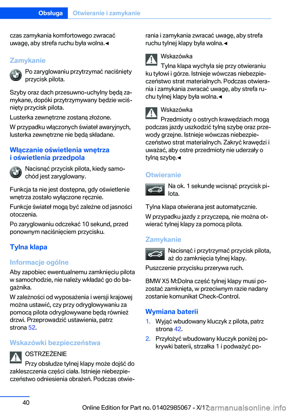 BMW X6 M 2018  Instrukcja obsługi (in Polish) �c�z�a�s� �z�a�m�y�k�a�n�i�a� �k�o�m�f�o�r�t�o�w�e�g�o� �z�w�r�a�c�a�