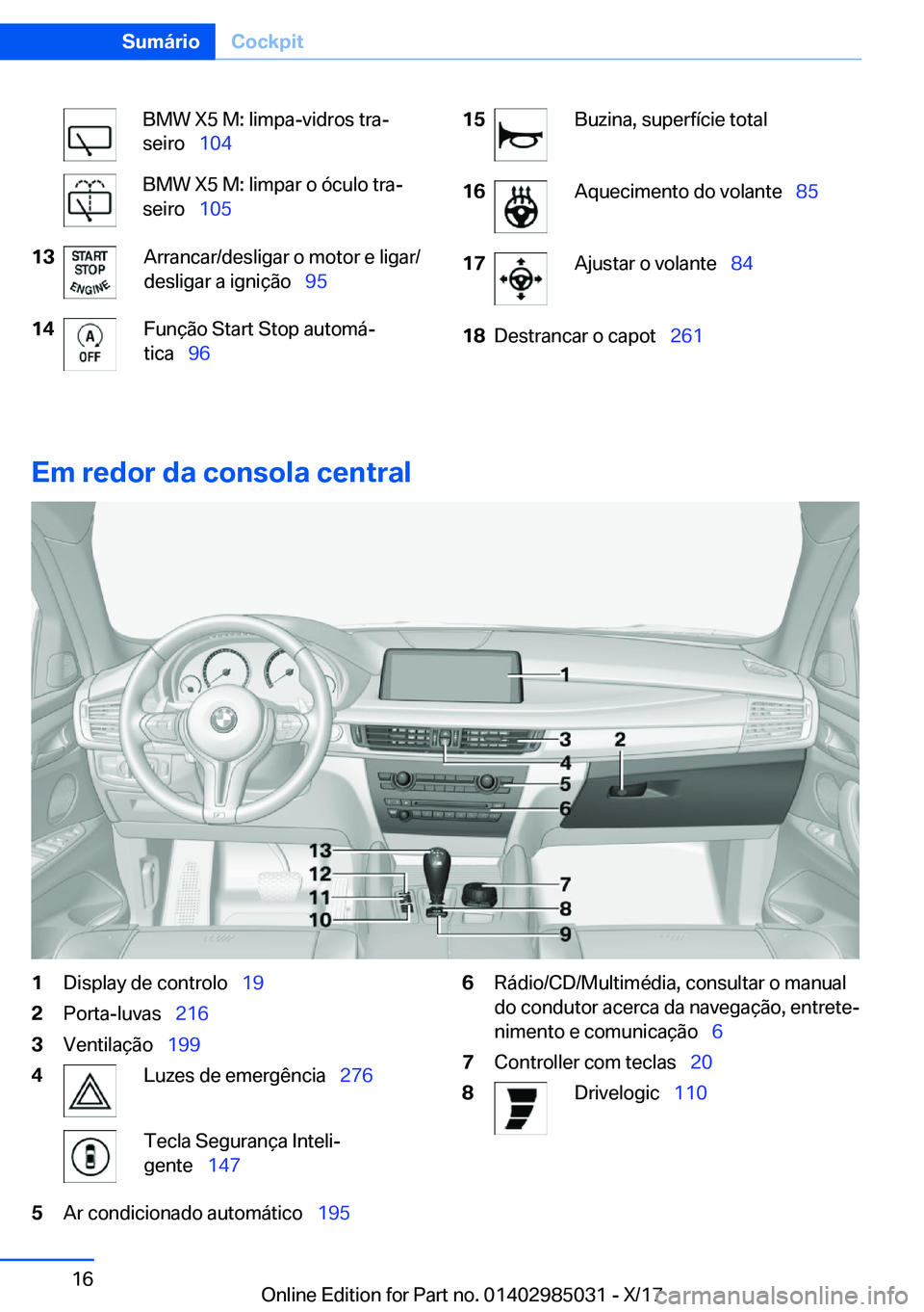 BMW X6 M 2018  Manual do condutor (in Portuguese) �B�M�W� �X�5� �M�:� �l�i�m�p�a�-�v�i�d�r�o�s� �t�r�aª
�s�e�i�r�o\_ �1�0�4�B�M�W� �X�5� �M�:� �l�i�m�p�a�r� �o� �ó�c�u�l�o� �t�r�aª
�s�e�i�r�o\_ �1�0�5�1�3�A�r�r�a�n�c�a�r�/�d�e�s�l�i�g�a�r� �