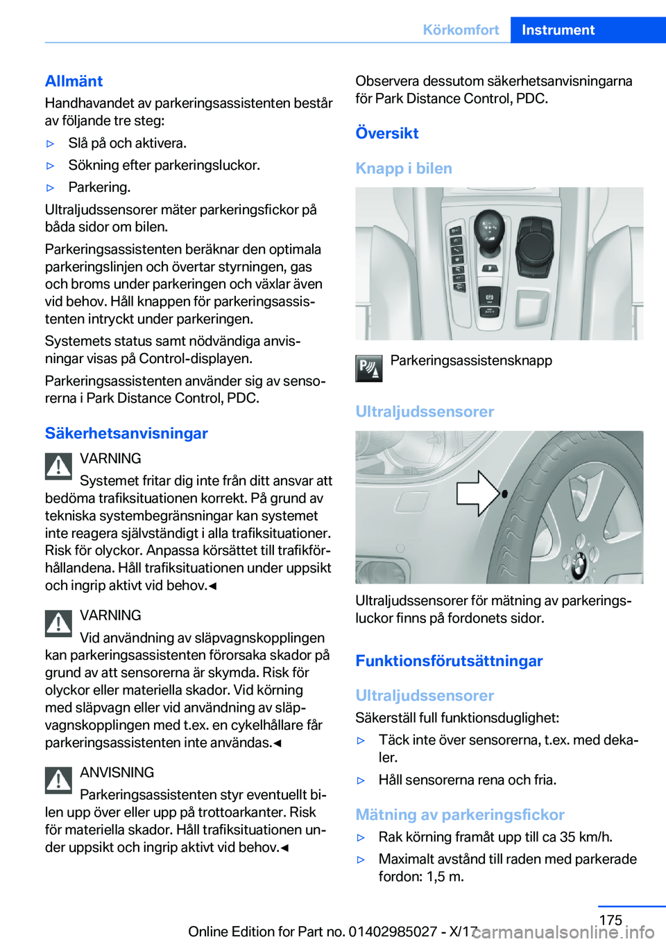 BMW X6 M 2018  InstruktionsbÖcker (in Swedish) �A�l�l�m�ä�n�t
�H�a�n�d�h�a�v�a�n�d�e�t� �a�v� �p�a�r�k�e�r�i�n�g�s�a�s�s�i�s�t�e�n�t�e�n� �b�e�s�t�å�r
�a�v� �f�