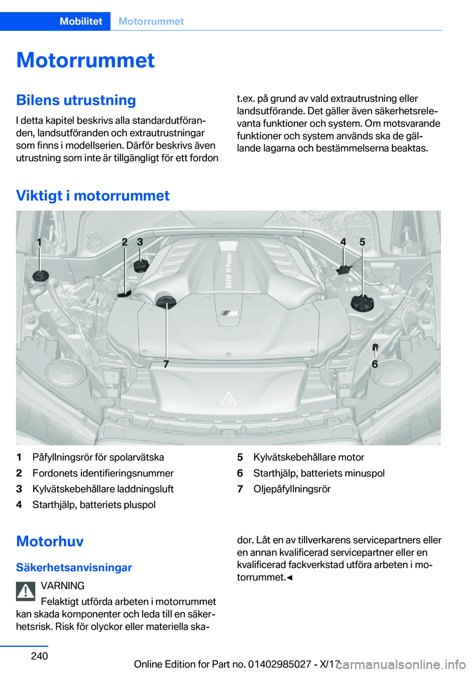 BMW X6 M 2018  InstruktionsbÖcker (in Swedish) �M�o�t�o�r�r�u�m�m�e�t�B�i�l�e�n�s��u�t�r�u�s�t�n�i�n�g
�I� �d�e�t�t�a� �k�a�p�i�t�e�l� �b�e�s�k�r�i�v�s� �a�l�l�a� �s�t�a�n�d�a�r�d�u�t�f�
