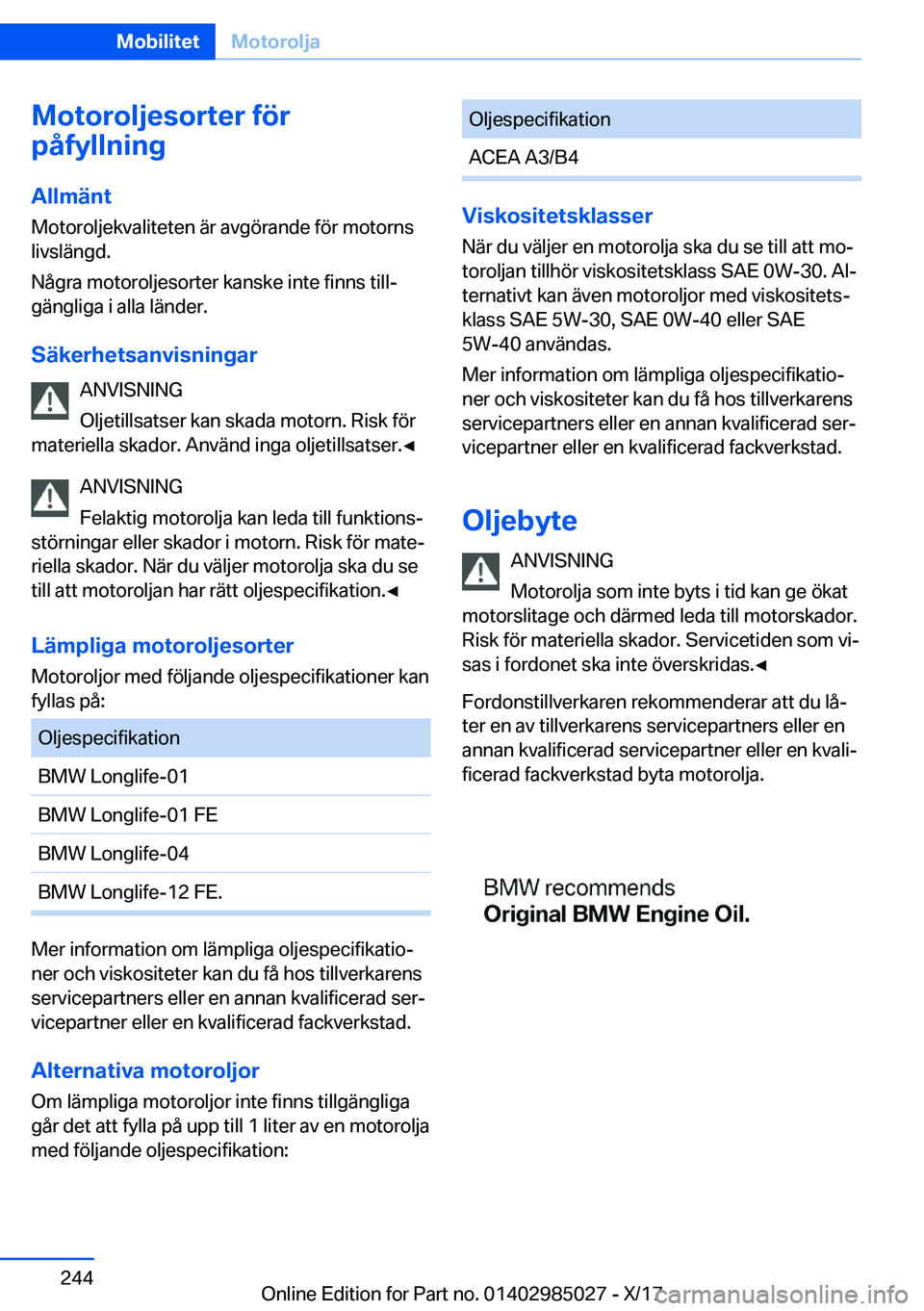 BMW X6 M 2018  InstruktionsbÖcker (in Swedish) �M�o�t�o�r�o�l�j�e�s�o�r�t�e�r��f�