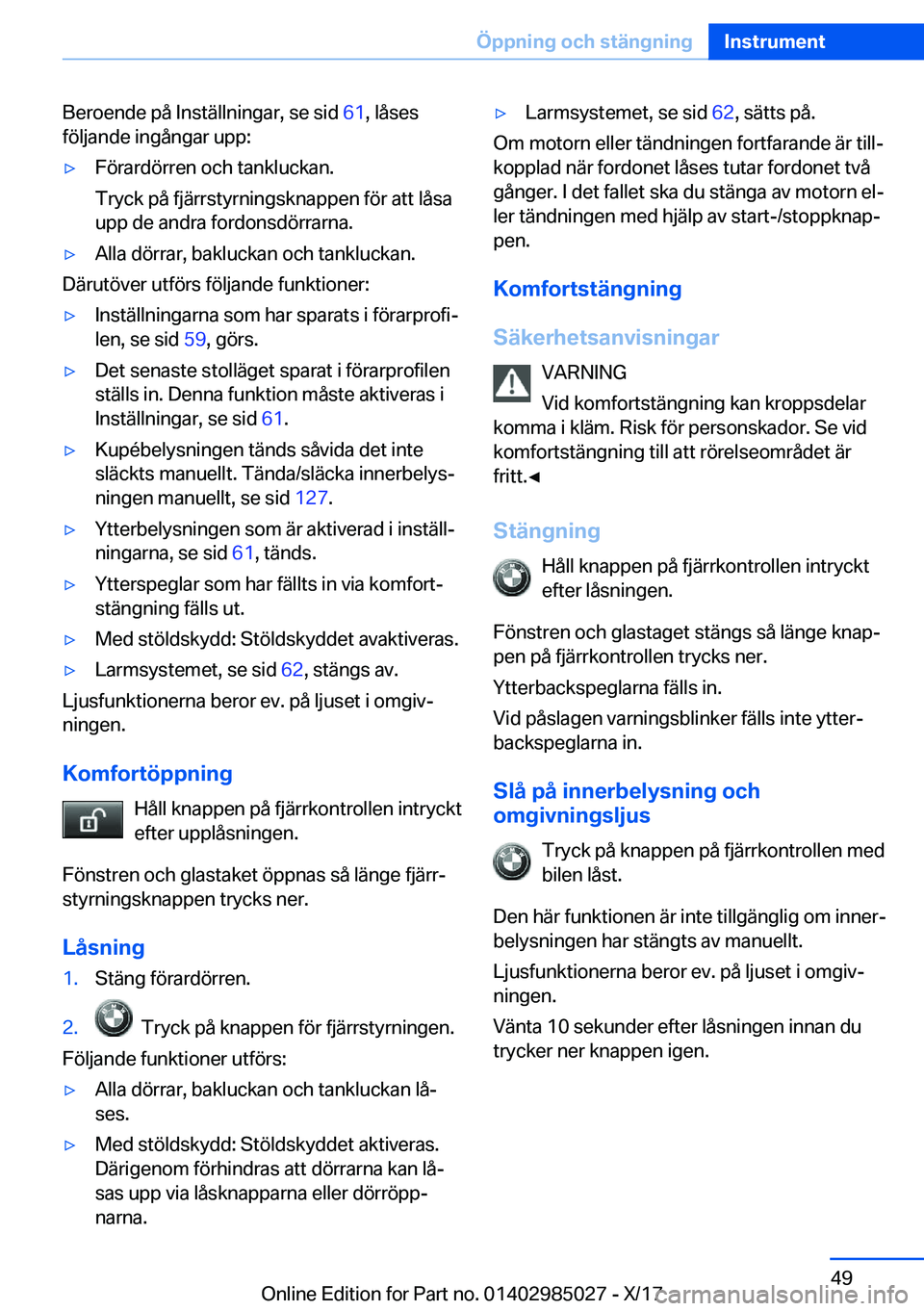 BMW X6 M 2018  InstruktionsbÖcker (in Swedish) �B�e�r�o�e�n�d�e� �p�å� �I�n�s�t�ä�l�l�n�i�n�g�a�r�,� �s�e� �s�i�d� �6�1�,� �l�å�s�e�s
�f�
