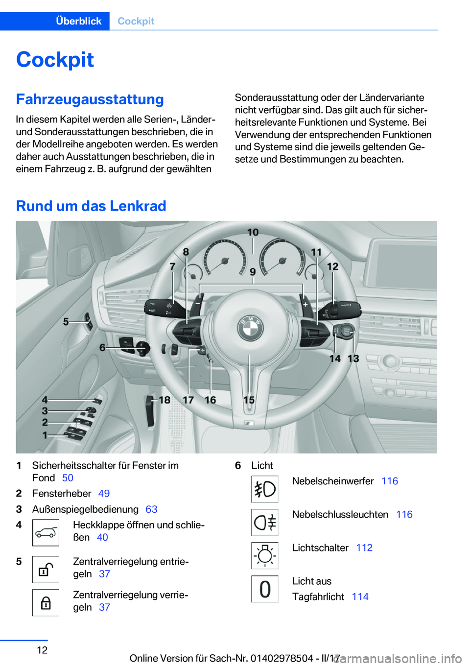 BMW X6 M 2017  Betriebsanleitungen (in German) �C�o�c�k�p�i�t�F�a�h�r�z�e�u�g�a�u�s�s�t�a�t�t�u�n�g
�I�n� �d�i�e�s�e�m� �K�a�p�i�t�e�l� �w�e�r�d�e�n� �a�l�l�e� �S�e�r�i�e�n�-�,� �L�ä�n�d�e�r�- �u�n�d� �S�o�n�d�e�r�a�u�s�s�t�a�t�t�u�n�g�e�n� �b�e�