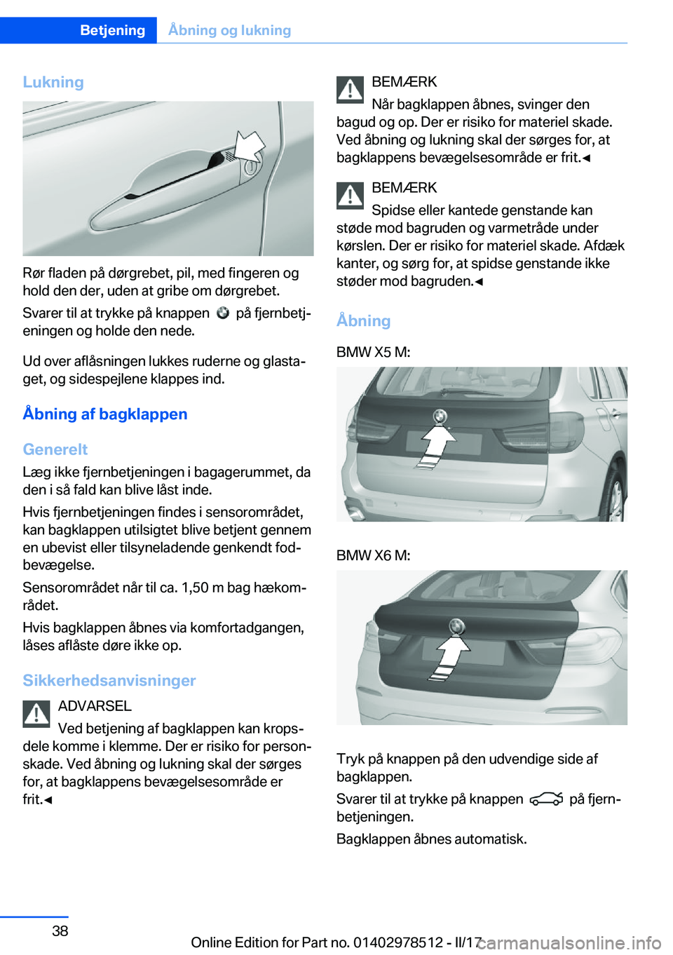 BMW X6 M 2017  InstruktionsbØger (in Danish) �L�u�k�n�i�n�g
�R�