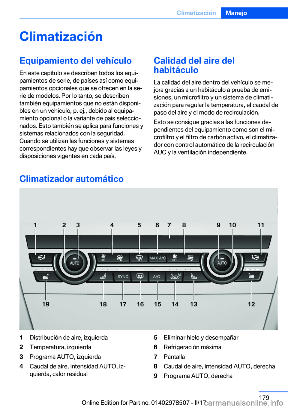 BMW X6 M 2017  Manuales de Empleo (in Spanish) �C�l�i�m�a�t�i�z�a�c�i�