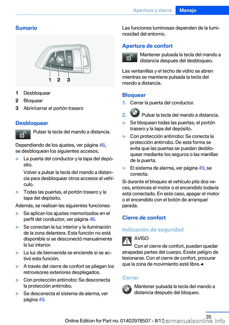 BMW X6 M 2017  Manuales de Empleo (in Spanish) �S�u�m�a�r�i�o�1�D�e�s�b�l�o�q�u�e�a�r�2�B�l�o�q�u�e�a�r�3�A�b�r�i�r�/�c�e�r�r�a�r� �e�l� �p�o�r�t�