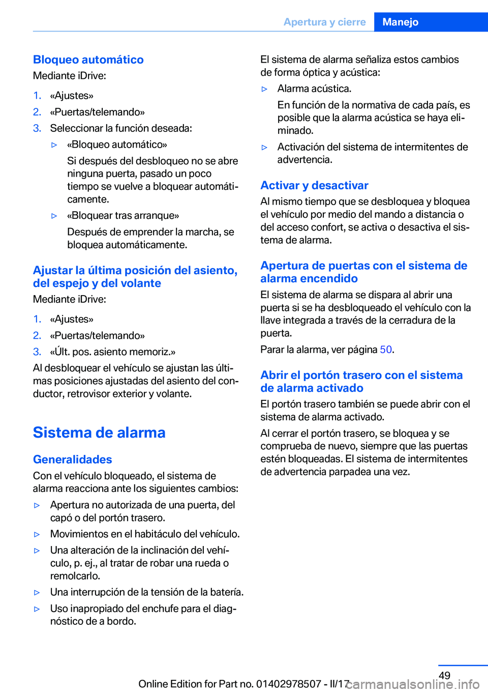 BMW X6 M 2017  Manuales de Empleo (in Spanish) �B�l�o�q�u�e�o��a�u�t�o�m�