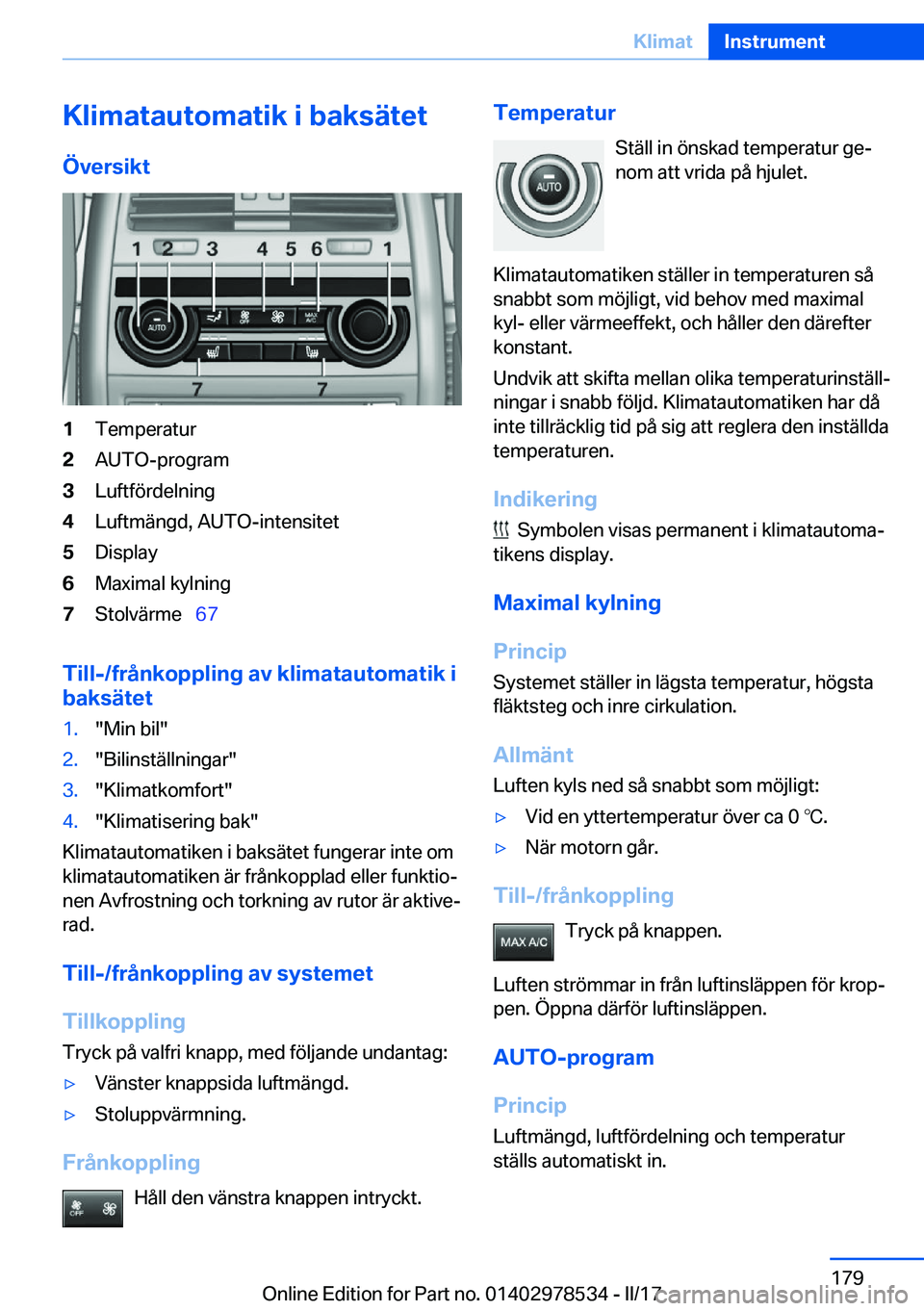 BMW X6 M 2017  InstruktionsbÖcker (in Swedish) �K�l�i�m�a�t�a�u�t�o�m�a�t�i�k��i��b�a�k�s�ä�t�e�t�
