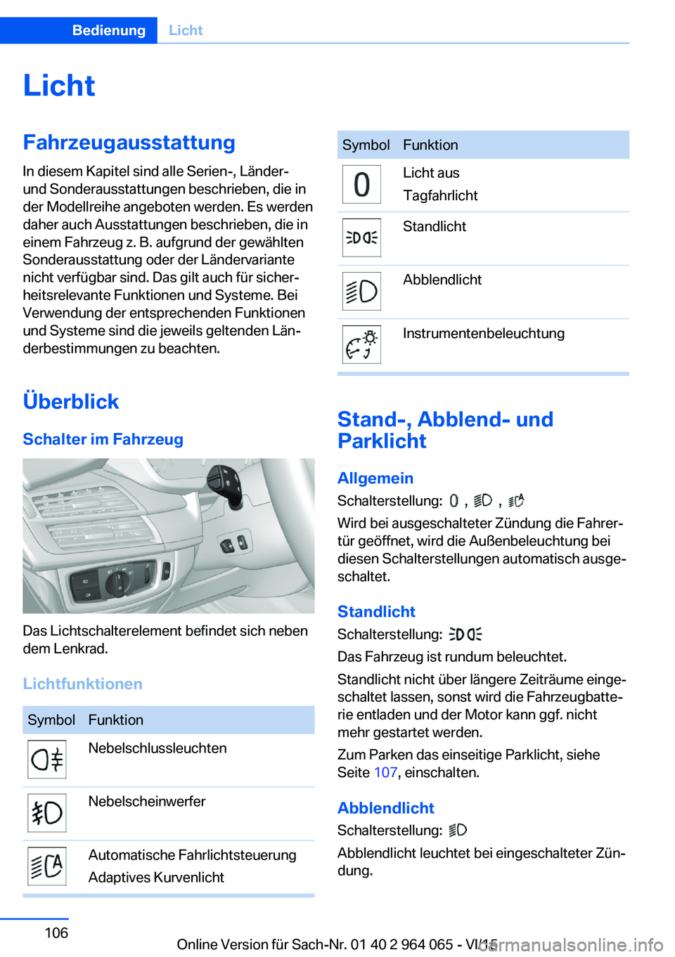 BMW X6 M 2016 Betriebsanleitungen (in German) LichtFahrzeugausstattung
In diesem Kapitel sind alle Serien-, Länder-
und Sonderausstattungen beschrieben, die in
der Modellreihe angeboten werden. Es werden
daher auch Ausstattungen beschrieben, die BMW X6 M 2016 Betriebsanleitungen (in German) LichtFahrzeugausstattung
In diesem Kapitel sind alle Serien-, Länder-
und Sonderausstattungen beschrieben, die in
der Modellreihe angeboten werden. Es werden
daher auch Ausstattungen beschrieben, die