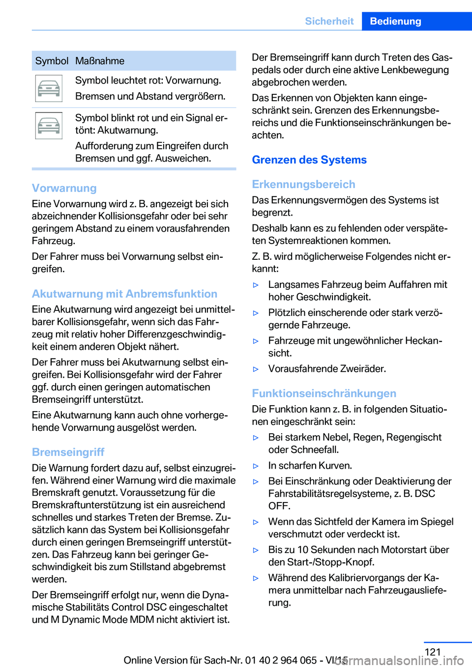 BMW X6 M 2016 Betriebsanleitungen (in German) SymbolMaßnahmeSymbol leuchtet rot: Vorwarnung.
Bremsen und Abstand vergrößern.Symbol blinkt rot und ein Signal er‐
tönt: Akutwarnung.
Aufforderung zum Eingreifen durch
Bremsen und ggf. Ausweiche BMW X6 M 2016 Betriebsanleitungen (in German) SymbolMaßnahmeSymbol leuchtet rot: Vorwarnung.
Bremsen und Abstand vergrößern.Symbol blinkt rot und ein Signal er‐
tönt: Akutwarnung.
Aufforderung zum Eingreifen durch
Bremsen und ggf. Ausweiche