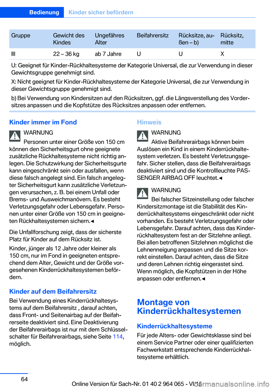 BMW X6 M 2016 Betriebsanleitungen (in German) GruppeGewicht des
KindesUngefähres
AlterBeifahrersitzRücksitze, au‐
ßen – b)Rücksitz,
mitteIII22 – 36 kgab 7 JahreUUXU: Geeignet für Kinder-Rückhaltesysteme der Kategorie Universal, die zu BMW X6 M 2016 Betriebsanleitungen (in German) GruppeGewicht des
KindesUngefähres
AlterBeifahrersitzRücksitze, au‐
ßen – b)Rücksitz,
mitteIII22 – 36 kgab 7 JahreUUXU: Geeignet für Kinder-Rückhaltesysteme der Kategorie Universal, die zu