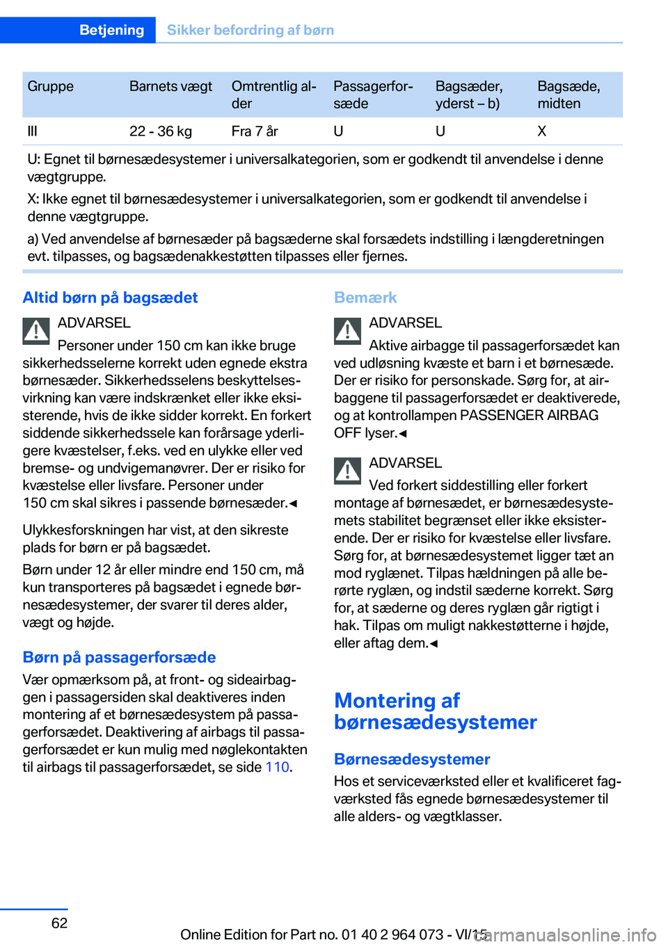 BMW X6 M 2016 InstruktionsbØger (in Danish) GruppeBarnets vægtOmtrentlig al‐
derPassagerfor‐
sædeBagsæder,
yderst – b)Bagsæde,
midtenIII22 - 36 kgFra 7 årUUXU: Egnet til børnesædesystemer i universalkategorien, som er godkendt til BMW X6 M 2016 InstruktionsbØger (in Danish) GruppeBarnets vægtOmtrentlig al‐
derPassagerfor‐
sædeBagsæder,
yderst – b)Bagsæde,
midtenIII22 - 36 kgFra 7 årUUXU: Egnet til børnesædesystemer i universalkategorien, som er godkendt til