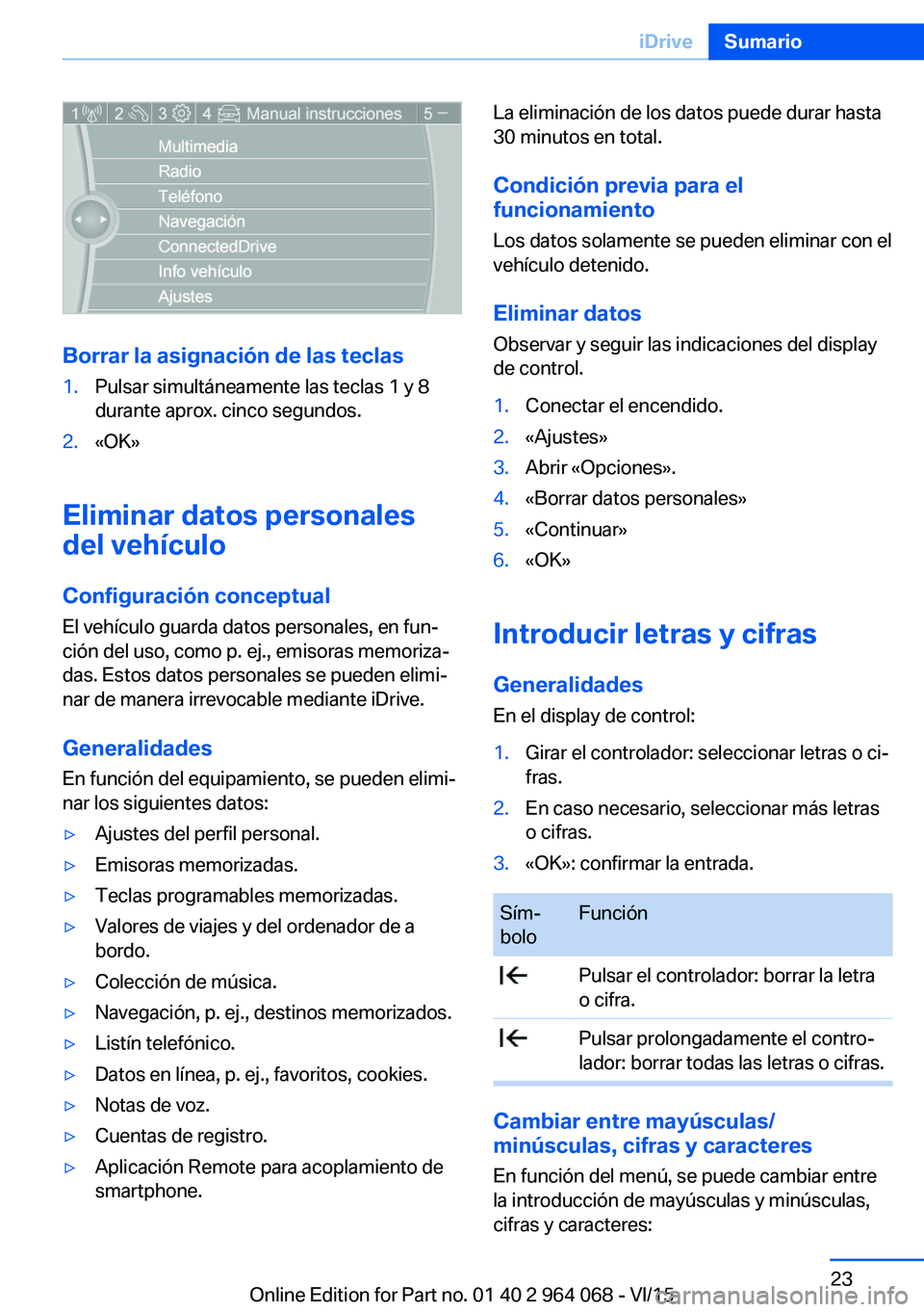 BMW X6 M 2016  Manuales de Empleo (in Spanish) Borrar la asignación de las teclas
1.Pulsar simultáneamente las teclas 1 y 8
durante aprox. cinco segundos.2.«OK»
Eliminar datos personales
del vehículo
Configuración conceptual El vehículo gua