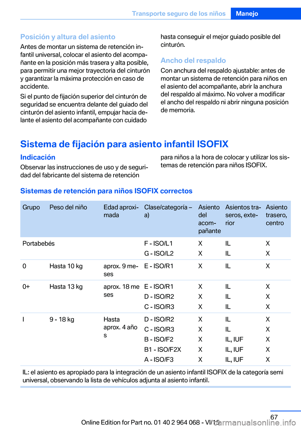 BMW X6 M 2016 Manuales de Empleo (in Spanish) Posición y altura del asiento
Antes de montar un sistema de retención in‐
fantil universal, colocar el asiento del acompa‐
ñante en la posición más trasera y alta posible,
para permitir una m BMW X6 M 2016 Manuales de Empleo (in Spanish) Posición y altura del asiento
Antes de montar un sistema de retención in‐
fantil universal, colocar el asiento del acompa‐
ñante en la posición más trasera y alta posible,
para permitir una m