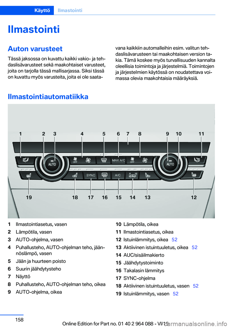 BMW X6 M 2016  Omistajan Käsikirja (in Finnish) IlmastointiAuton varusteet
Tässä jaksossa on kuvattu kaikki vakio- ja teh‐
daslisävarusteet sekä maakohtaiset varusteet,
joita on tarjolla tässä mallisarjassa. Siksi tässä
on kuvattu myös v