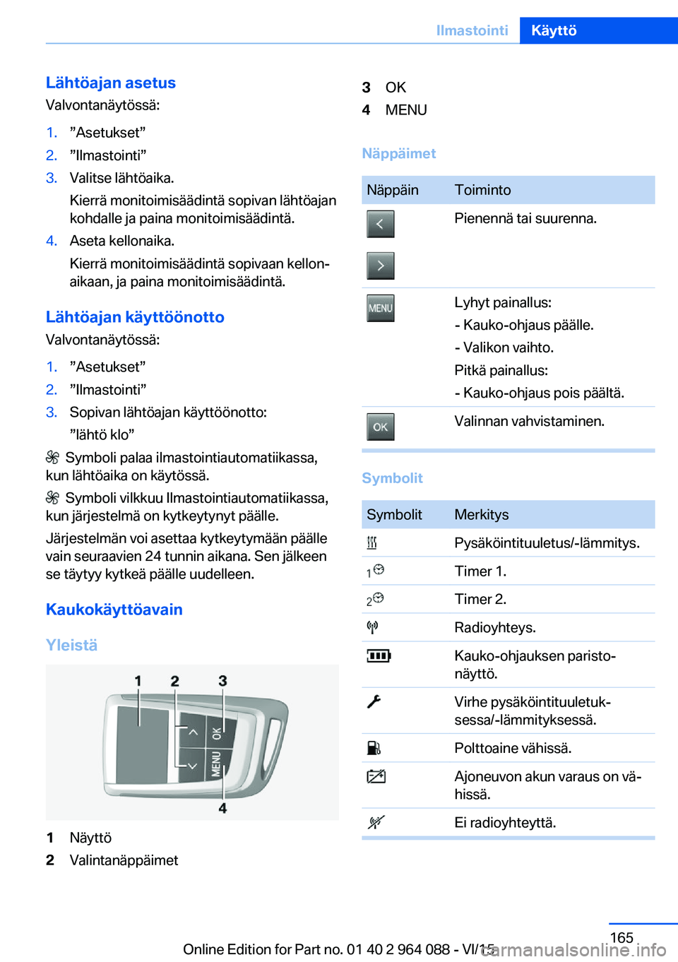 BMW X6 M 2016  Omistajan Käsikirja (in Finnish) Lähtöajan asetus
Valvontanäytössä:1.”Asetukset”2.”Ilmastointi”3.Valitse lähtöaika.
Kierrä monitoimisäädintä sopivan lähtöajan
kohdalle ja paina monitoimisäädintä.4.Aseta kellon