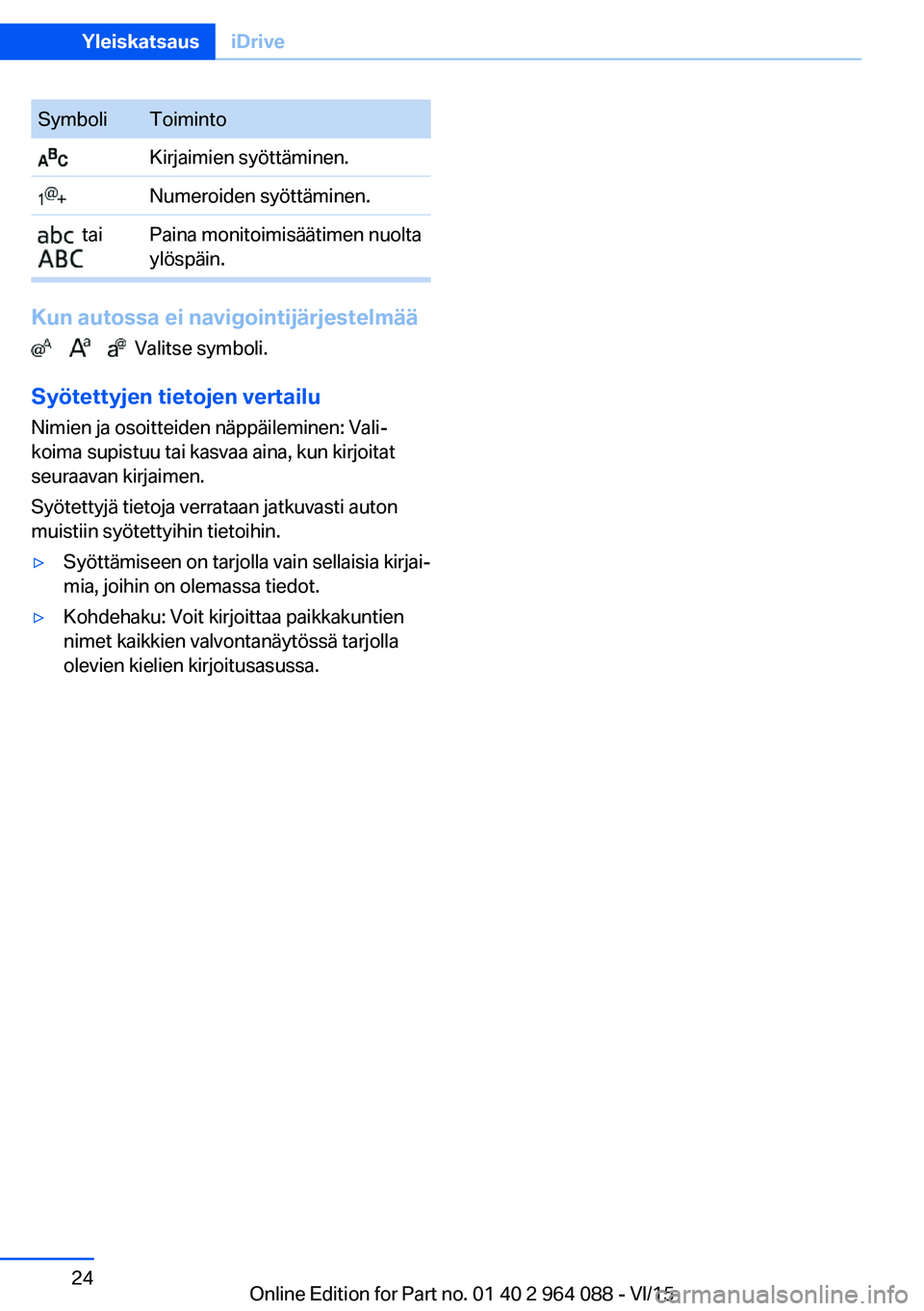 BMW X6 M 2016  Omistajan Käsikirja (in Finnish) SymboliToiminto Kirjaimien syöttäminen. Numeroiden syöttäminen.  tai 
 
Paina monitoimisäätimen nuolta
ylöspäin.
Kun autossa ei navigointijärjestelmää
          Valitse symboli.
Syötettyje