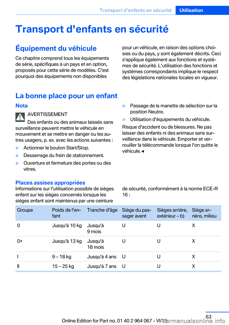 BMW X6 M 2016 Notices Demploi (in French) Transport d'enfants en sécuritéÉquipement du véhiculeCe chapitre comprend tous les équipements
de série, spécifiques à un pays et en option,
proposés pour cette série de modèles. C' BMW X6 M 2016 Notices Demploi (in French) Transport d'enfants en sécuritéÉquipement du véhiculeCe chapitre comprend tous les équipements
de série, spécifiques à un pays et en option,
proposés pour cette série de modèles. C'