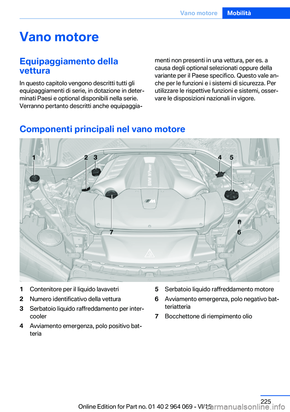 BMW X6 M 2016 Libretti Di Uso E manutenzione (in Italian) Vano motoreEquipaggiamento della
vettura
In questo capitolo vengono descritti tutti gli
equipaggiamenti di serie, in dotazione in deter‐
minati Paesi e optional disponibili nella serie.
Verranno per BMW X6 M 2016 Libretti Di Uso E manutenzione (in Italian) Vano motoreEquipaggiamento della
vettura
In questo capitolo vengono descritti tutti gli
equipaggiamenti di serie, in dotazione in deter‐
minati Paesi e optional disponibili nella serie.
Verranno per