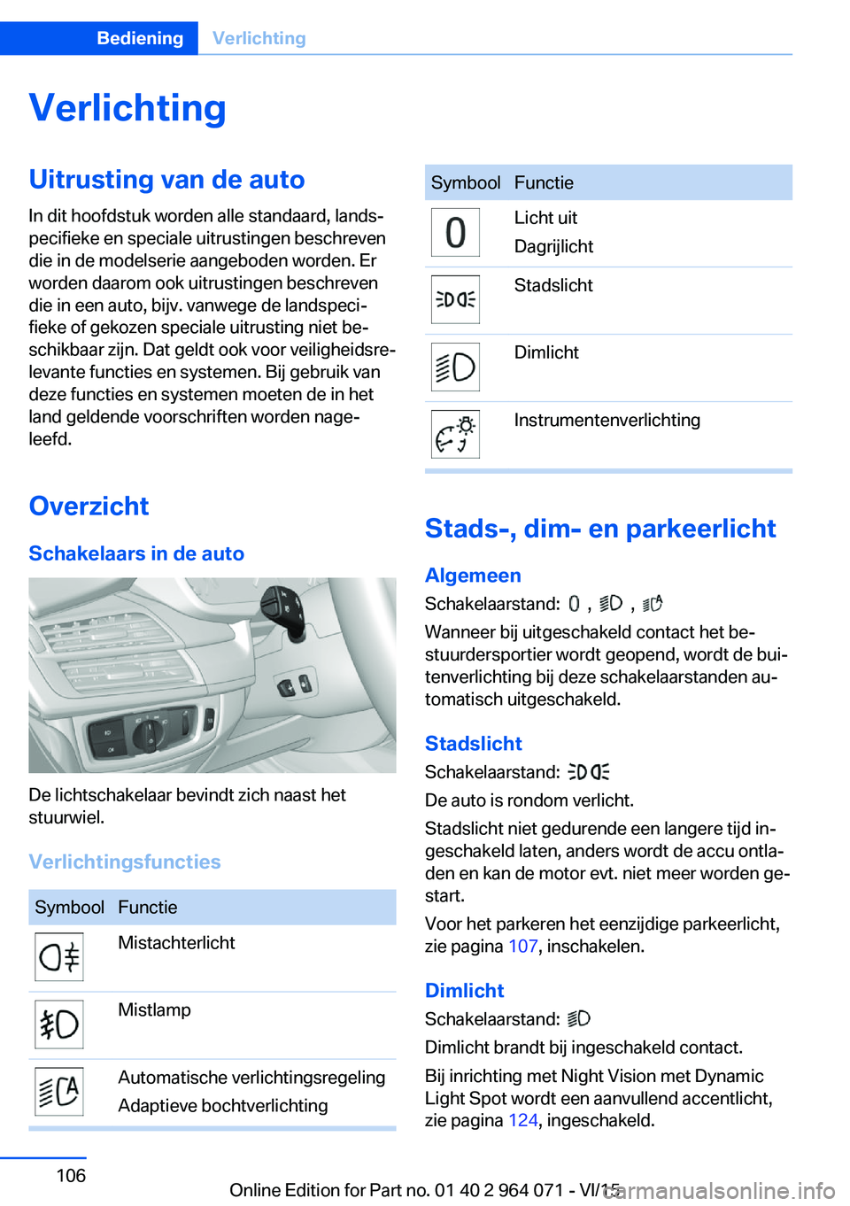 BMW X6 M 2016 Instructieboekjes (in Dutch) VerlichtingUitrusting van de autoIn dit hoofdstuk worden alle standaard, lands‐
pecifieke en speciale uitrustingen beschreven
die in de modelserie aangeboden worden. Er
worden daarom ook uitrustinge BMW X6 M 2016 Instructieboekjes (in Dutch) VerlichtingUitrusting van de autoIn dit hoofdstuk worden alle standaard, lands‐
pecifieke en speciale uitrustingen beschreven
die in de modelserie aangeboden worden. Er
worden daarom ook uitrustinge
