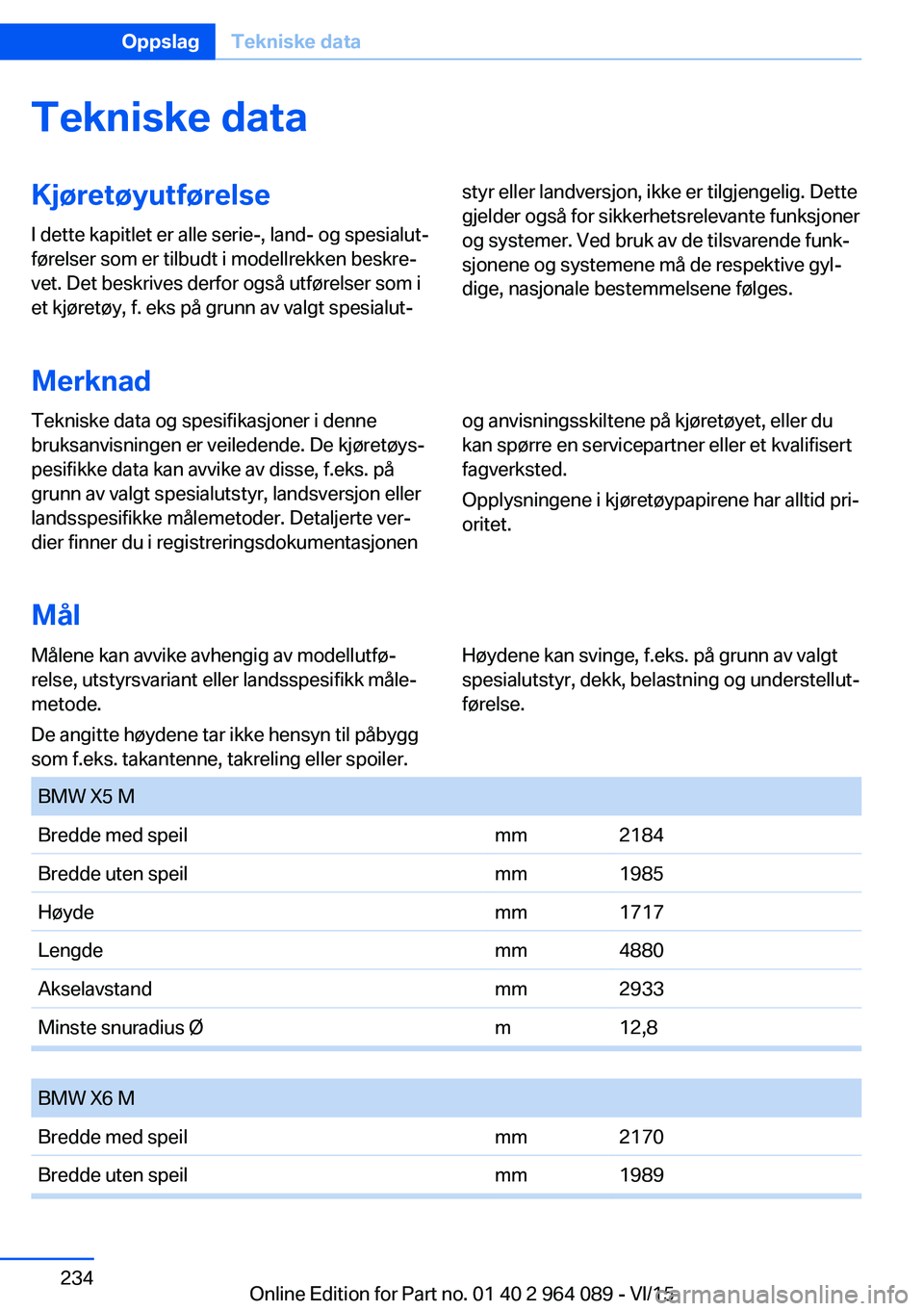 BMW X6 M 2016 InstruksjonsbØker (in Norwegian) Tekniske dataKjøretøyutførelse
I dette kapitlet er alle serie-, land- og spesialut‐
førelser som er tilbudt i modellrekken beskre‐
vet. Det beskrives derfor også utførelser som i
et kjøret BMW X6 M 2016 InstruksjonsbØker (in Norwegian) Tekniske dataKjøretøyutførelse
I dette kapitlet er alle serie-, land- og spesialut‐
førelser som er tilbudt i modellrekken beskre‐
vet. Det beskrives derfor også utførelser som i
et kjøret