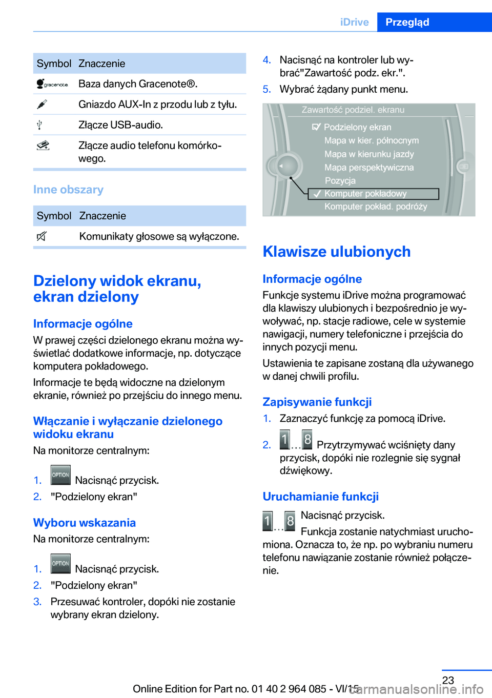 BMW X6 M 2016  Instrukcja obsługi (in Polish) SymbolZnaczenie Baza danych Gracenote®. Gniazdo AUX-In z przodu lub z tyłu. Złącze USB-audio. Złącze audio telefonu komórko‐
wego.
Inne obszary
SymbolZnaczenie Komunikaty głosowe są wyłąc