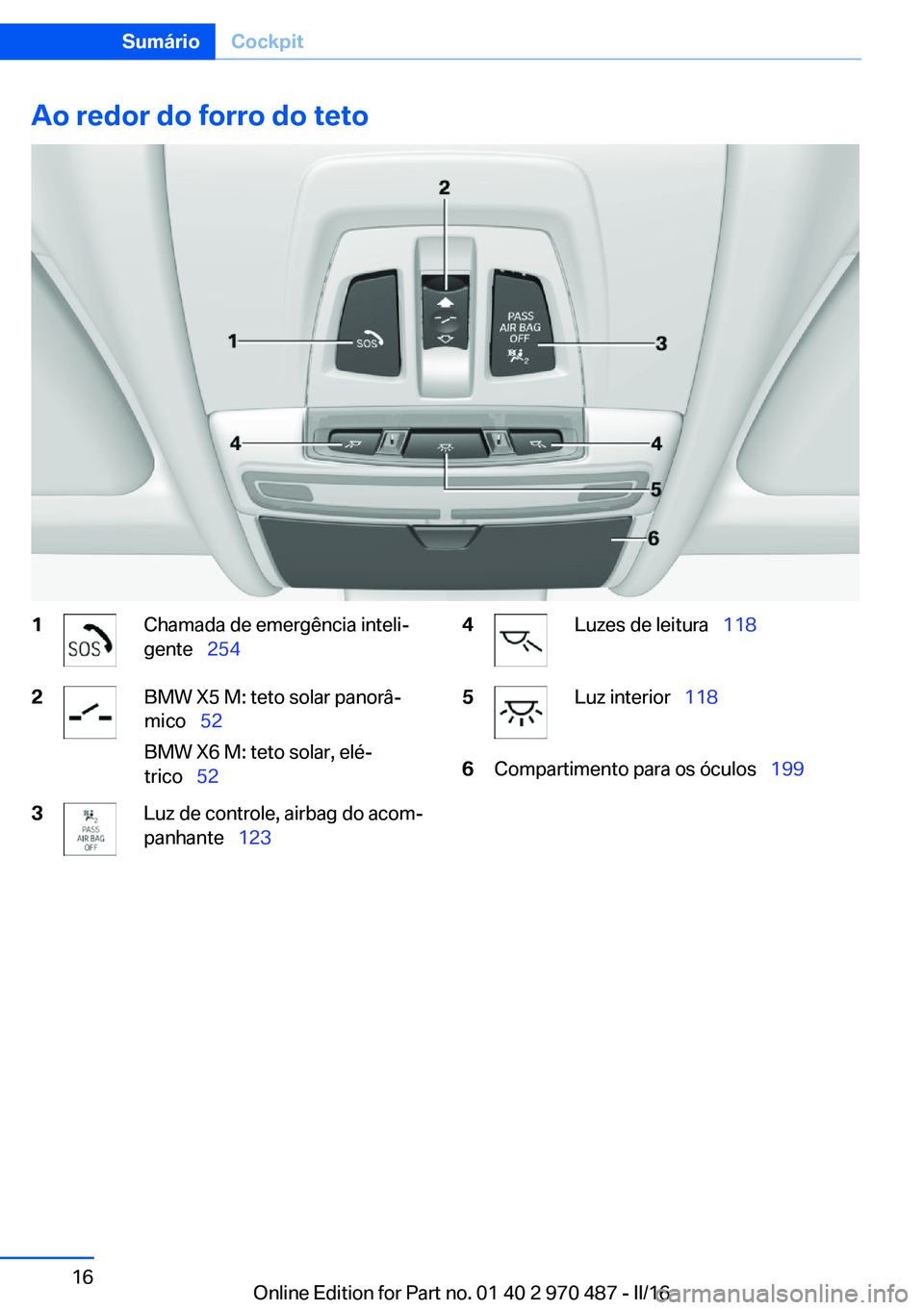 BMW X6 M 2016 Manual do condutor (in Portuguese) Ao redor do forro do teto1Chamada de emergência inteli‐
gente 2542BMW X5 M: teto solar panorâ‐
mico 52
BMW X6 M: teto solar, elé‐
trico 523Luz de controle, airbag do acom‐ BMW X6 M 2016 Manual do condutor (in Portuguese) Ao redor do forro do teto1Chamada de emergência inteli‐
gente 2542BMW X5 M: teto solar panorâ‐
mico 52
BMW X6 M: teto solar, elé‐
trico 523Luz de controle, airbag do acom‐