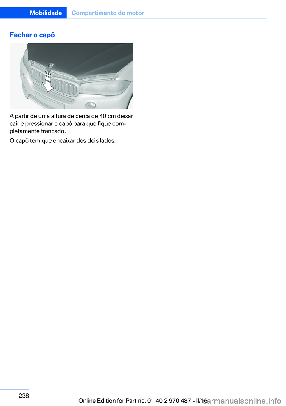 BMW X6 M 2016 Manual do condutor (in Portuguese) Fechar o capô
A partir de uma altura de cerca de 40 cm deixar
cair e pressionar o capô para que fique com‐
pletamente trancado.
O capô tem que encaixar dos dois lados.
Seite 238MobilidadeComparti BMW X6 M 2016 Manual do condutor (in Portuguese) Fechar o capô
A partir de uma altura de cerca de 40 cm deixar
cair e pressionar o capô para que fique com‐
pletamente trancado.
O capô tem que encaixar dos dois lados.
Seite 238MobilidadeComparti