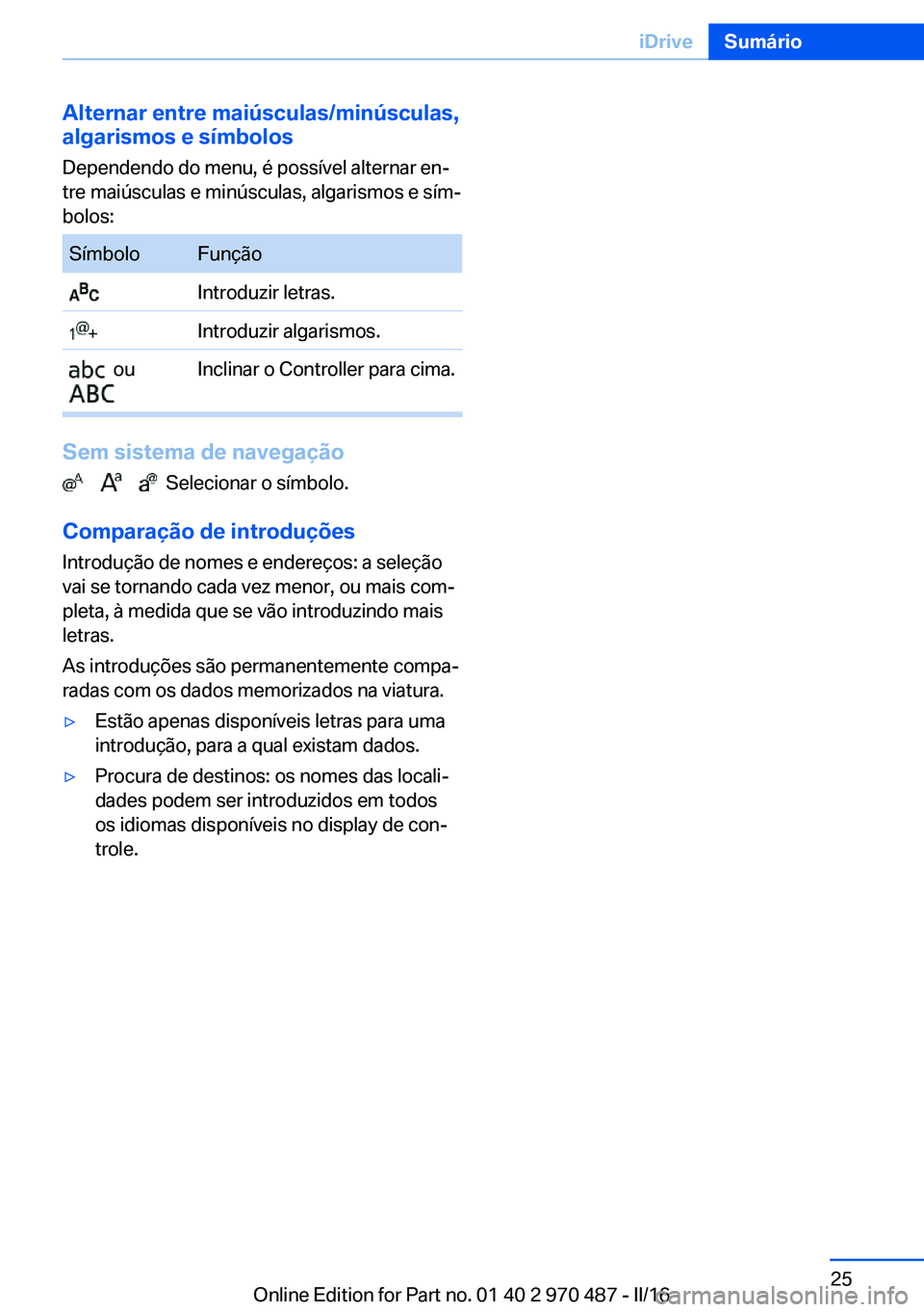 BMW X6 M 2016 Manual do condutor (in Portuguese) Alternar entre maiúsculas/minúsculas,
algarismos e símbolos
Dependendo do menu, é possível alternar en‐
tre maiúsculas e minúsculas, algarismos e sím‐
bolos:SímboloFunção Introduzir let BMW X6 M 2016 Manual do condutor (in Portuguese) Alternar entre maiúsculas/minúsculas,
algarismos e símbolos
Dependendo do menu, é possível alternar en‐
tre maiúsculas e minúsculas, algarismos e sím‐
bolos:SímboloFunção Introduzir let