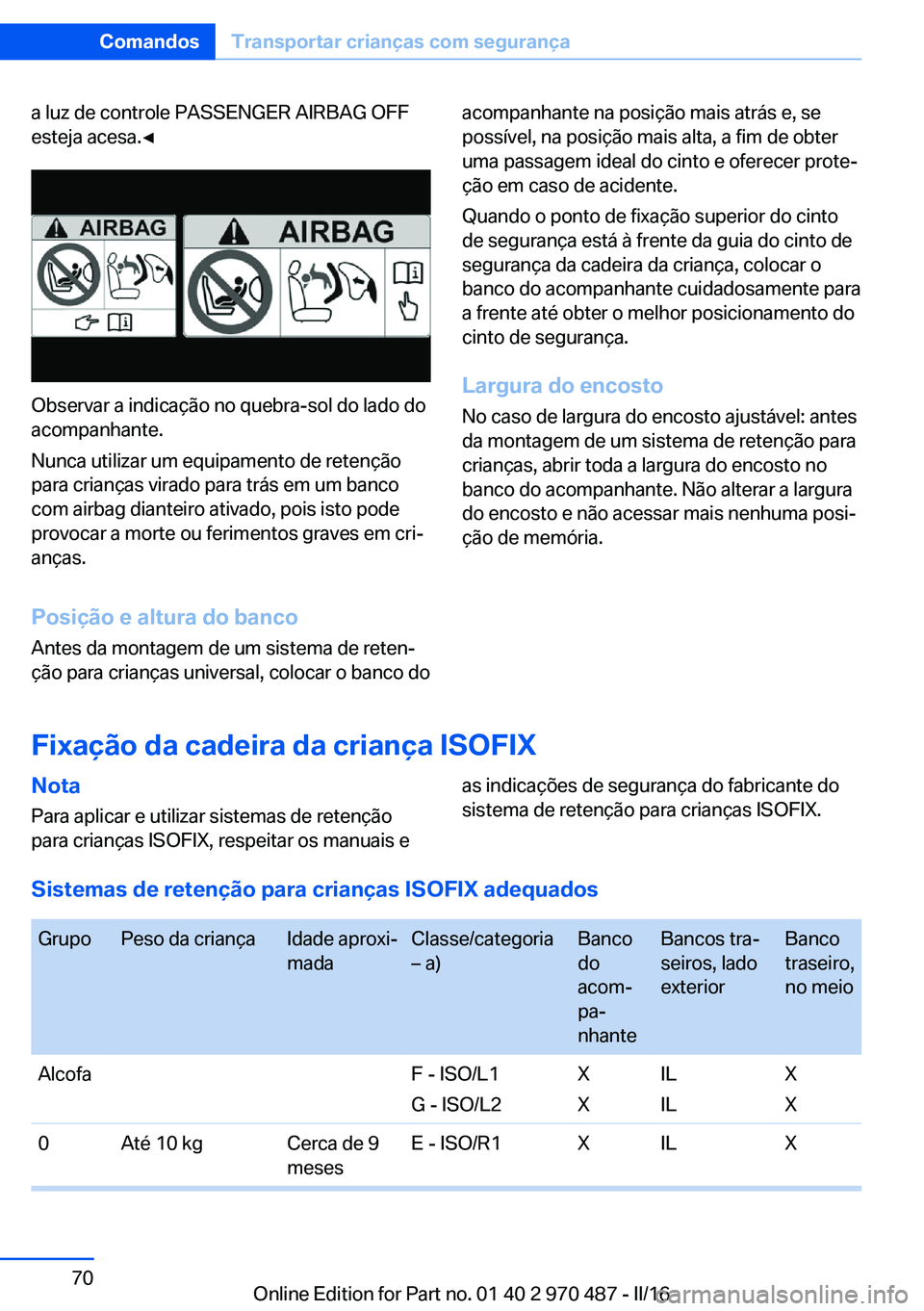 BMW X6 M 2016 Manual do condutor (in Portuguese) a luz de controle PASSENGER AIRBAG OFF
esteja acesa.◀
Observar a indicação no quebra-sol do lado do
acompanhante.
Nunca utilizar um equipamento de retenção
para crianças virado para trás em um BMW X6 M 2016 Manual do condutor (in Portuguese) a luz de controle PASSENGER AIRBAG OFF
esteja acesa.◀
Observar a indicação no quebra-sol do lado do
acompanhante.
Nunca utilizar um equipamento de retenção
para crianças virado para trás em um