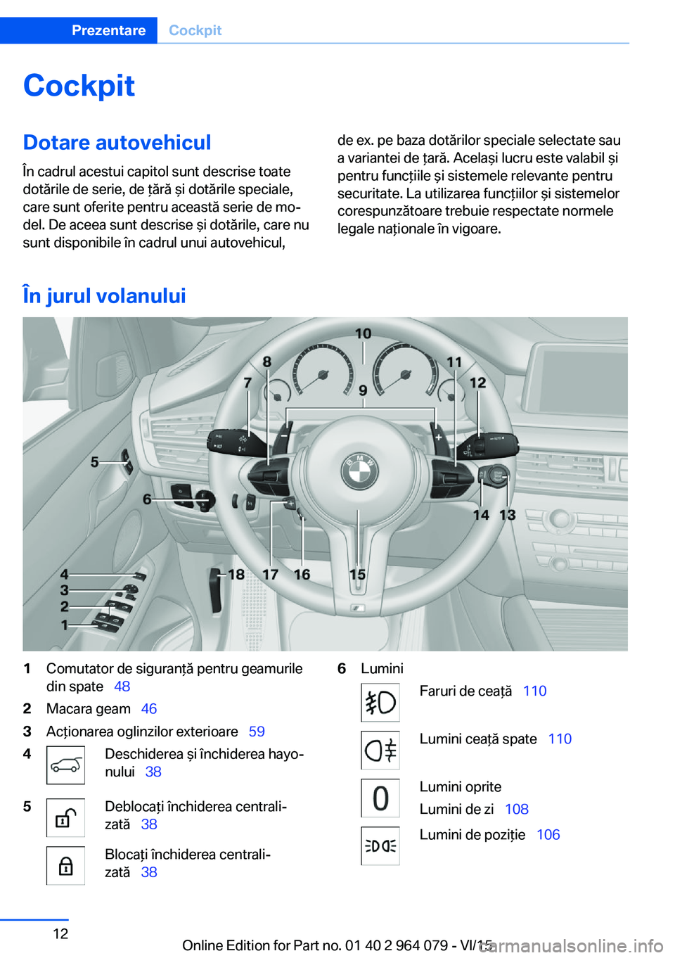 BMW X6 M 2016  Ghiduri De Utilizare (in Romanian) CockpitDotare autovehicul
În cadrul acestui capitol sunt descrise toate
dotările de serie, de ţără şi dotările speciale,
care sunt oferite pentru această serie de mo‐
del. De aceea sunt desc