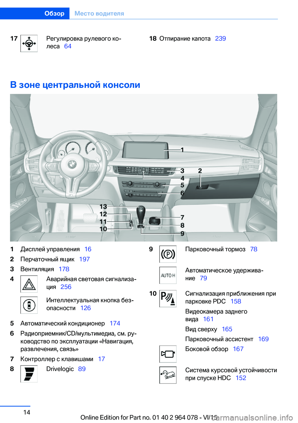 BMW X6 M 2016 Руково 17Регулировка рулевого ко‐
леса 6418Отпирание капота 239
В зоне центральной консоли
1Дисплей управления BMW X6 M 2016 Руково 17Регулировка рулевого ко‐
леса 6418Отпирание капота 239
В зоне центральной консоли
1Дисплей управления