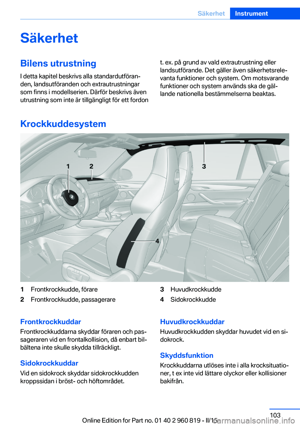 BMW X6 M 2016 InstruktionsbÖcker (in Swedish) SäkerhetBilens utrustning
I detta kapitel beskrivs alla standardutföran‐
den, landsutföranden och extrautrustningar
som finns i modellserien. Därför beskrivs även
utrustning som inte är tillg BMW X6 M 2016 InstruktionsbÖcker (in Swedish) SäkerhetBilens utrustning
I detta kapitel beskrivs alla standardutföran‐
den, landsutföranden och extrautrustningar
som finns i modellserien. Därför beskrivs även
utrustning som inte är tillg