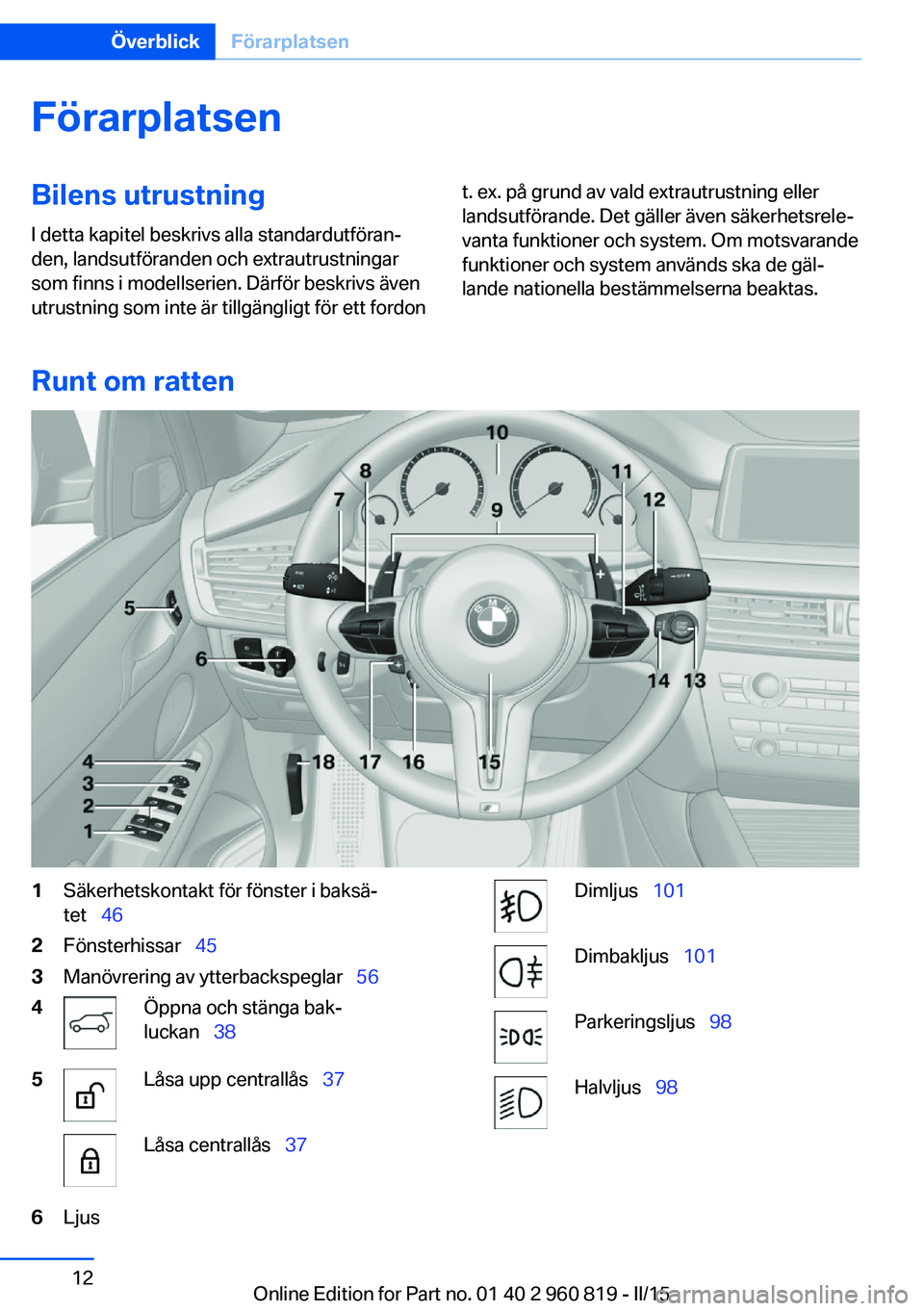 BMW X6 M 2016 InstruktionsbÖcker (in Swedish) FörarplatsenBilens utrustningI detta kapitel beskrivs alla standardutföran‐
den, landsutföranden och extrautrustningar
som finns i modellserien. Därför beskrivs även
utrustning som inte är ti BMW X6 M 2016 InstruktionsbÖcker (in Swedish) FörarplatsenBilens utrustningI detta kapitel beskrivs alla standardutföran‐
den, landsutföranden och extrautrustningar
som finns i modellserien. Därför beskrivs även
utrustning som inte är ti
