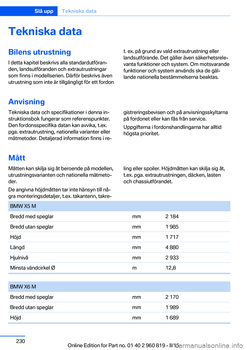 BMW X6 M 2016 InstruktionsbÖcker (in Swedish) Tekniska dataBilens utrustningI detta kapitel beskrivs alla standardutföran‐
den, landsutföranden och extrautrustningar
som finns i modellserien. Därför beskrivs även
utrustning som inte är ti BMW X6 M 2016 InstruktionsbÖcker (in Swedish) Tekniska dataBilens utrustningI detta kapitel beskrivs alla standardutföran‐
den, landsutföranden och extrautrustningar
som finns i modellserien. Därför beskrivs även
utrustning som inte är ti