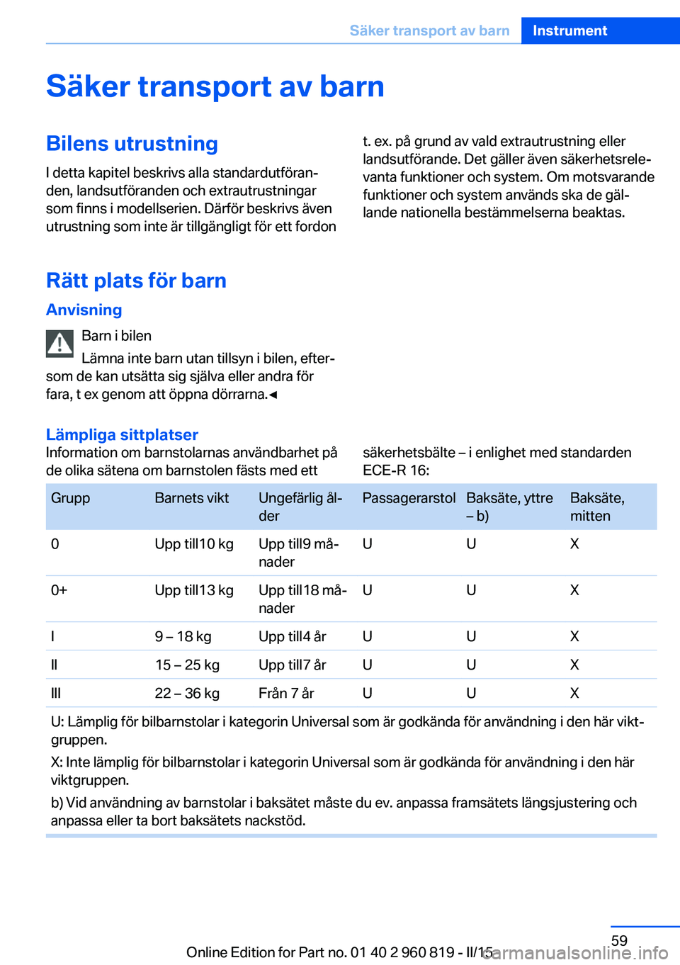 BMW X6 M 2016 InstruktionsbÖcker (in Swedish) Säker transport av barnBilens utrustning
I detta kapitel beskrivs alla standardutföran‐
den, landsutföranden och extrautrustningar
som finns i modellserien. Därför beskrivs även
utrustning som BMW X6 M 2016 InstruktionsbÖcker (in Swedish) Säker transport av barnBilens utrustning
I detta kapitel beskrivs alla standardutföran‐
den, landsutföranden och extrautrustningar
som finns i modellserien. Därför beskrivs även
utrustning som