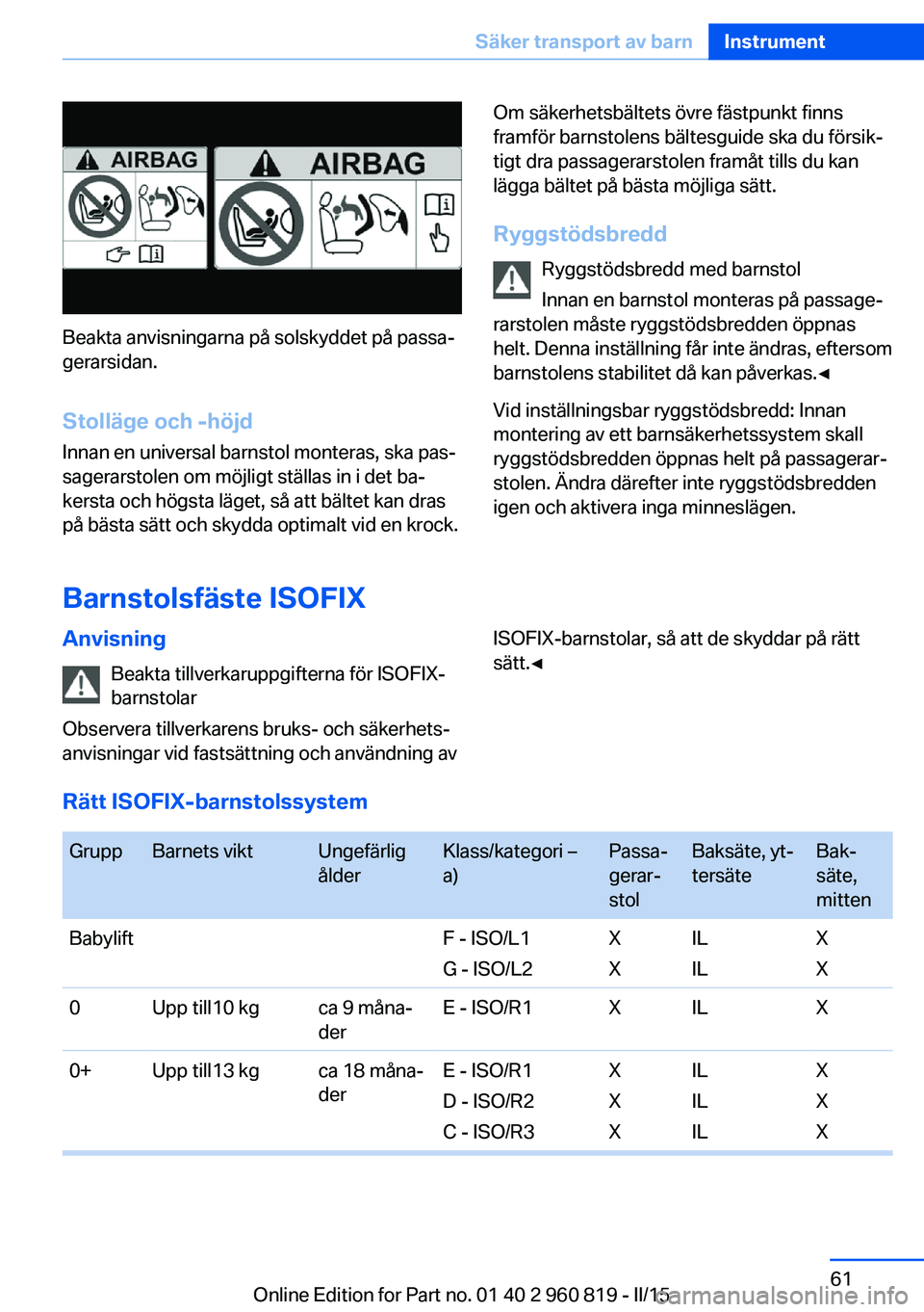 BMW X6 M 2016 InstruktionsbÖcker (in Swedish) Beakta anvisningarna på solskyddet på passa‐
gerarsidan.
Stolläge och -höjd Innan en universal barnstol monteras, ska pas‐
sagerarstolen om möjligt ställas in i det ba‐
kersta och högsta BMW X6 M 2016 InstruktionsbÖcker (in Swedish) Beakta anvisningarna på solskyddet på passa‐
gerarsidan.
Stolläge och -höjd Innan en universal barnstol monteras, ska pas‐
sagerarstolen om möjligt ställas in i det ba‐
kersta och högsta