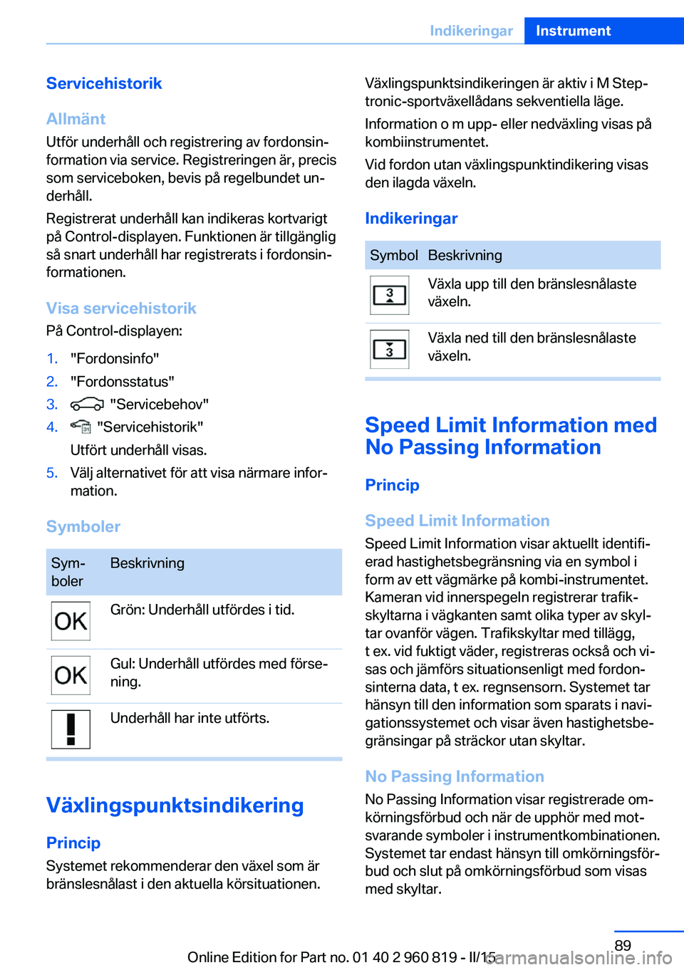 BMW X6 M 2016 InstruktionsbÖcker (in Swedish) Servicehistorik
Allmänt
Utför underhåll och registrering av fordonsin‐
formation via service. Registreringen är, precis
som serviceboken, bevis på regelbundet un‐
derhåll.
Registrerat underh BMW X6 M 2016 InstruktionsbÖcker (in Swedish) Servicehistorik
Allmänt
Utför underhåll och registrering av fordonsin‐
formation via service. Registreringen är, precis
som serviceboken, bevis på regelbundet un‐
derhåll.
Registrerat underh