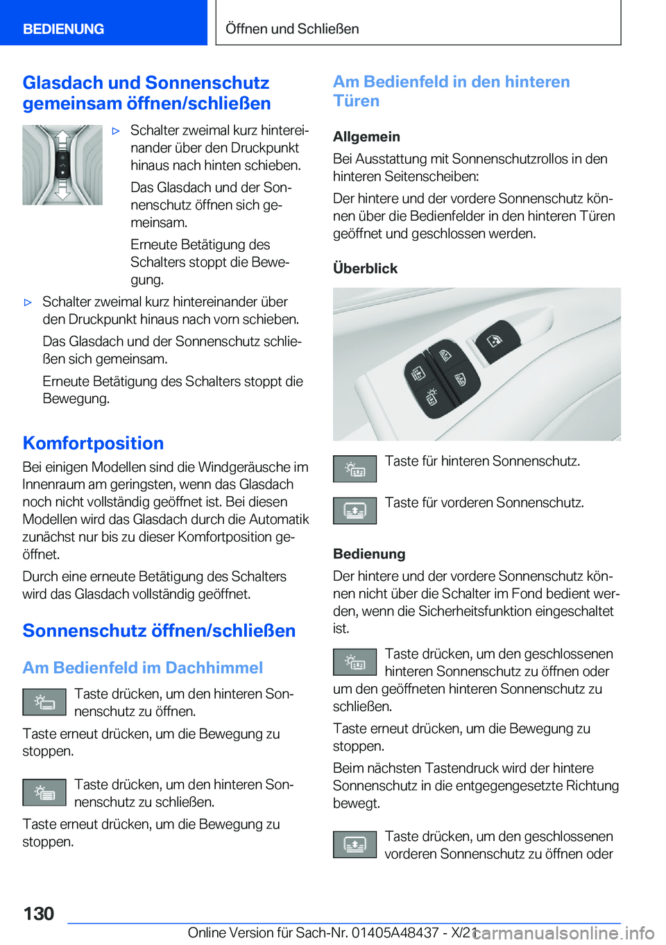 BMW X7 2022  Betriebsanleitungen (in German) �G�l�a�s�d�a�c�h��u�n�d��S�o�n�n�e�n�s�c�h�u�t�z
�g�e�m�e�i�n�s�a�m��